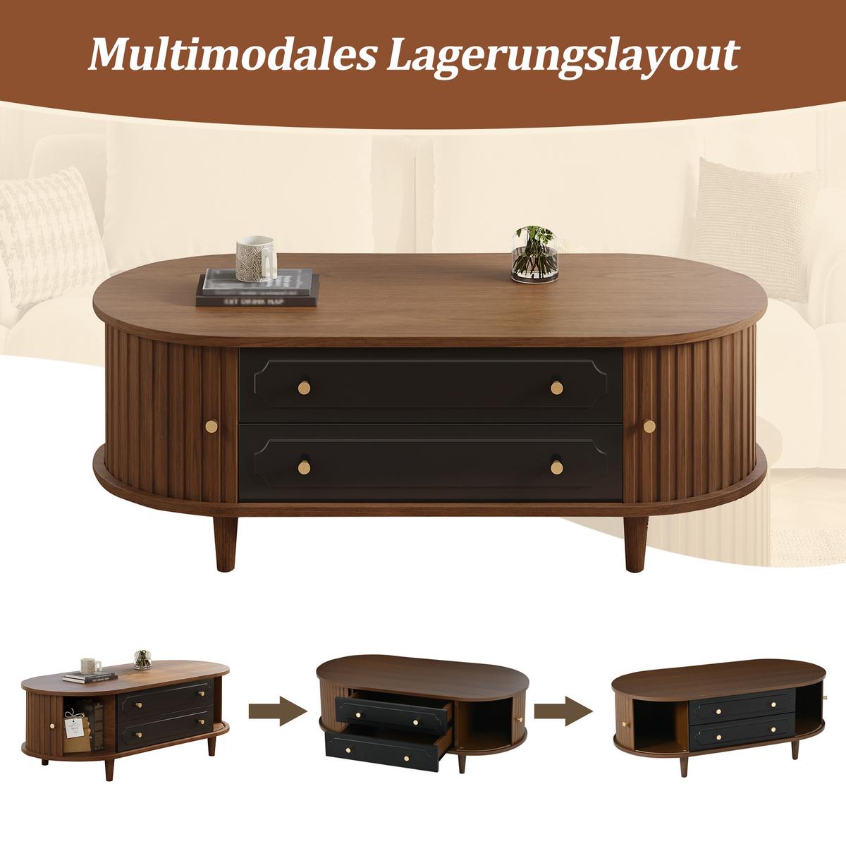 COUCHTISCH Walnuss Retro mit 2 Schubladen & Rolltür - Walnussfarben, Holzwerkstoff (50/100/36cm) - Urban Meuble