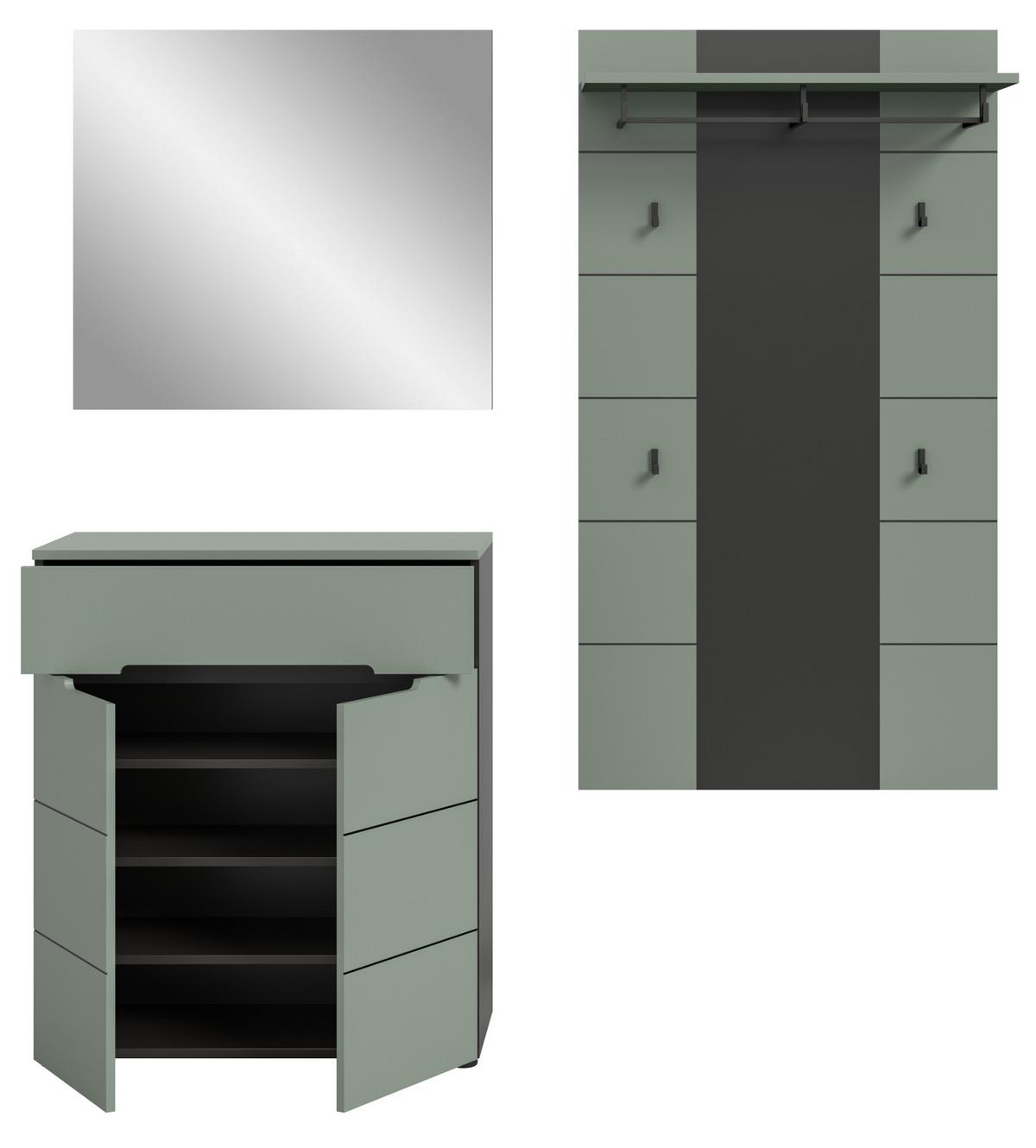 GARDEROBEN-SET 3-teilig Salbei grün, grau 175 cm, Flurgarderobe mit Soft-Close - Salbeigrün/Schwarz, Holzwerkstoff/Kunststoff (175/190/37cm) - Inn.Furn