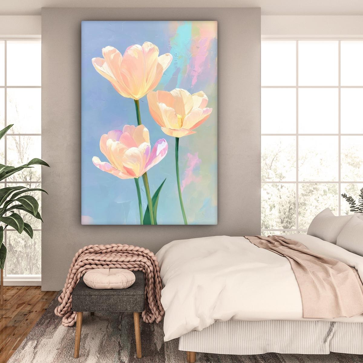 LEINWANDBILD Tulpen - Rosa Akzente - Blau Deko Groß 90x140 cm - Pastellblau, Textil (90/140cm) - MuchoWow