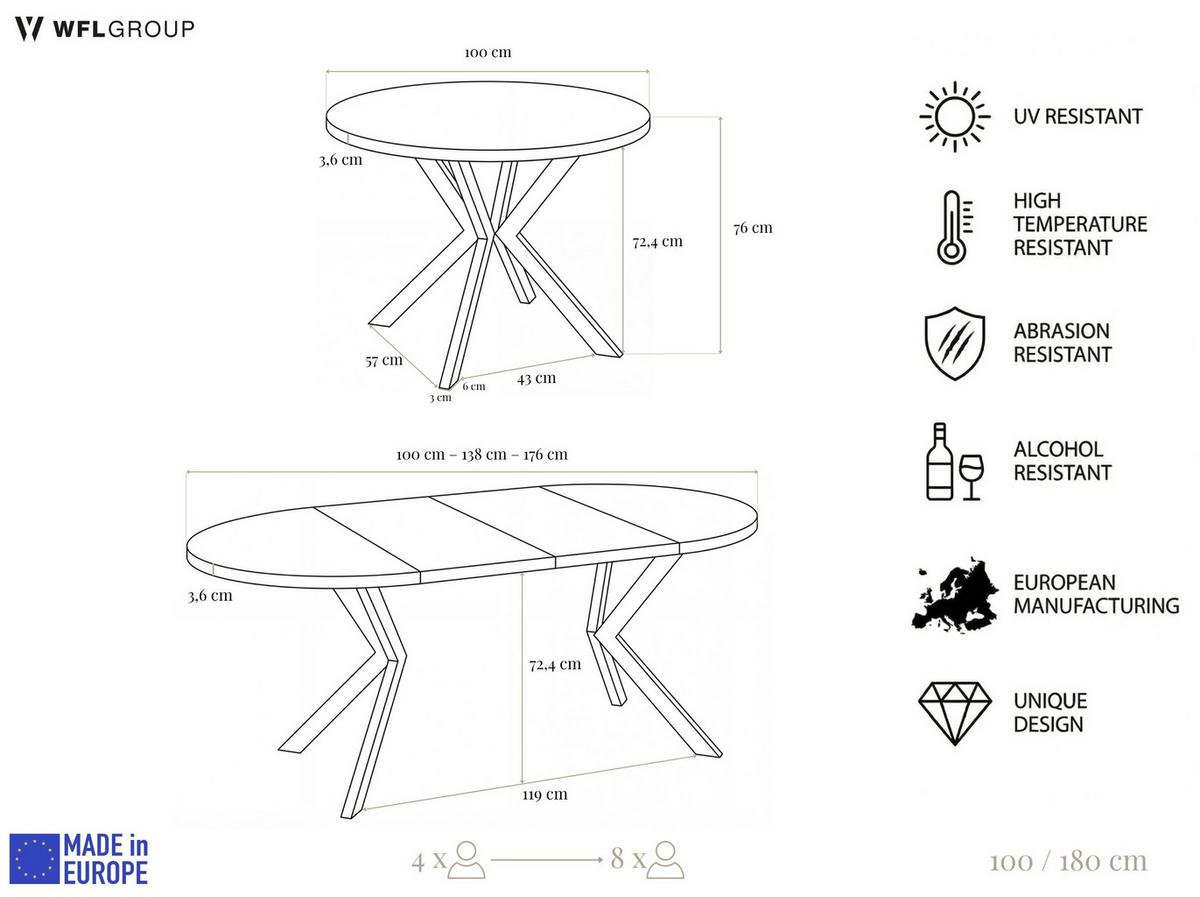 ESSTISCH Valeo runder ausziehbarer, Sonoma Eiche 100-180/100/76 cm - Schwarz/Sonoma Eiche, Holzwerkstoff/Metall (100/180/76cm) - WFL GROUP