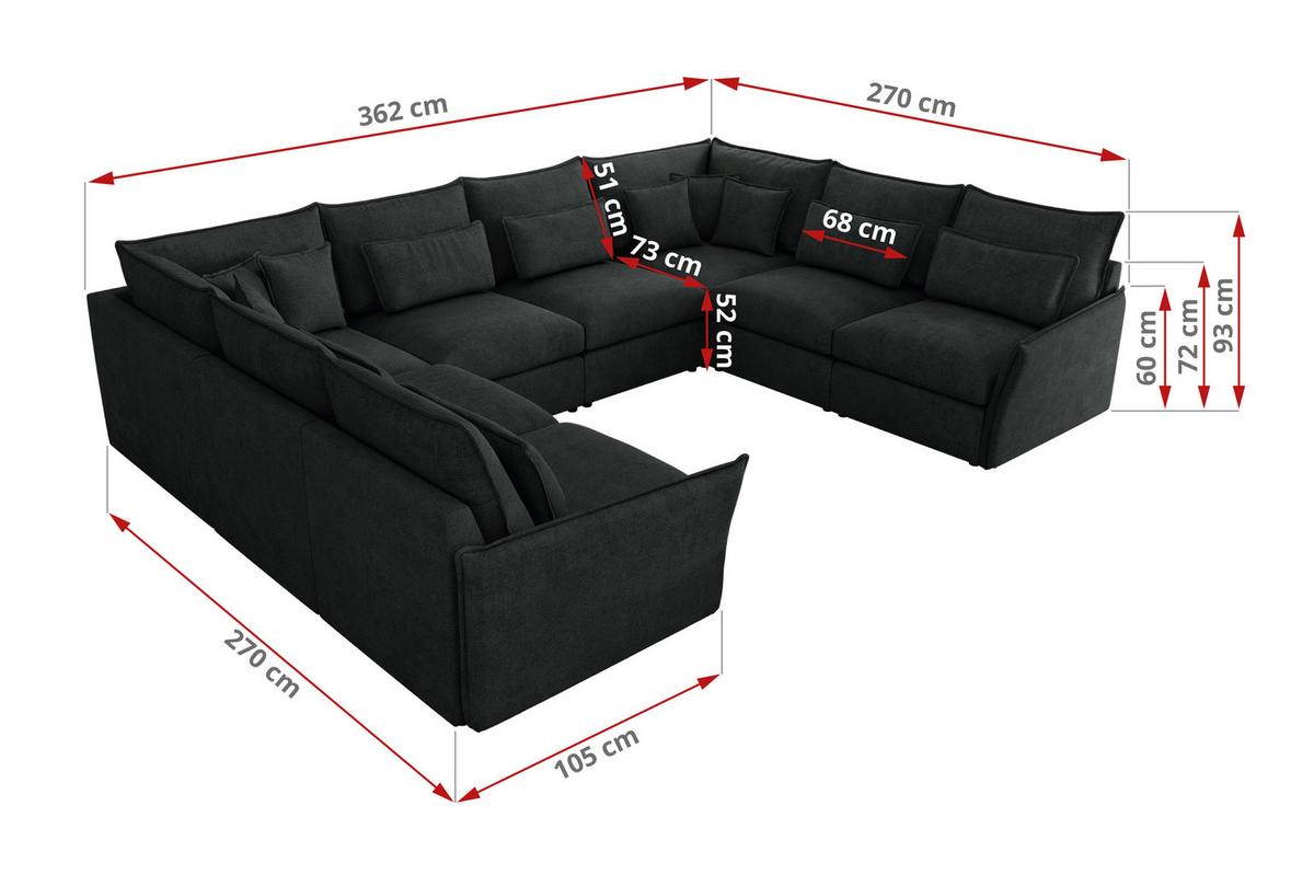 WOHNLANDSCHAFT VERSO U 8M Dunkelgrau Struktur - Dunkelgrau/Schwarz, Kunststoff/Textil (362/93/270cm) - MKS