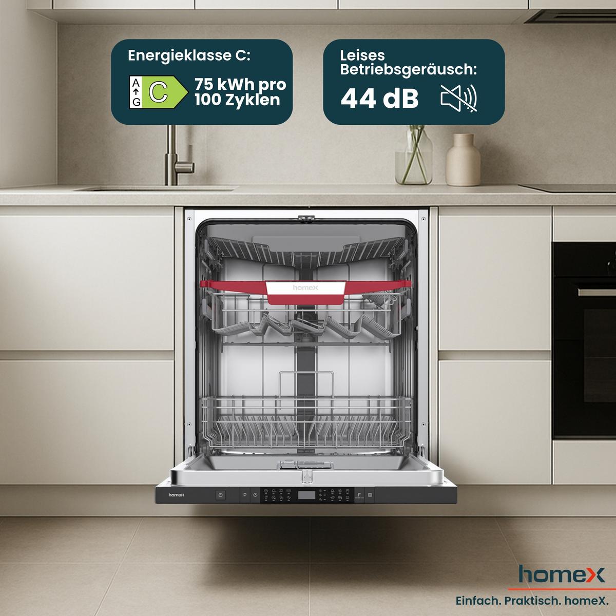 GESCHIRRSPÜLER vollintegrierbar 60 cm, Einbau Spülmaschine - 14 Maßgedecke, 8 Programme, AquaStop, Bodenlicht - Silberfarben, Kunststoff/Metall (59.8/81.5/55cm) - homeX