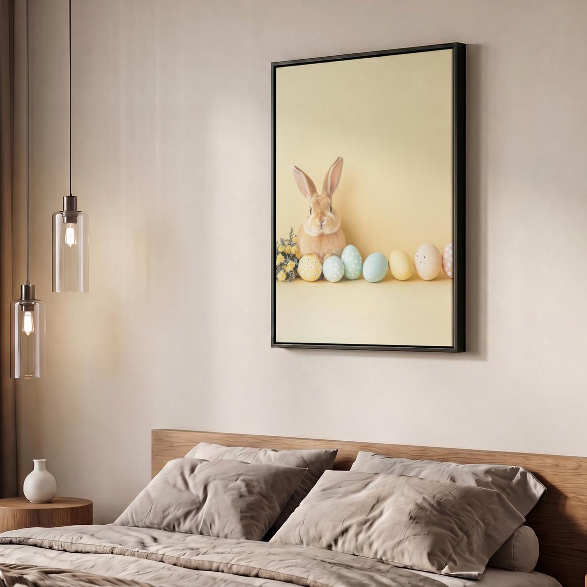 LEINWAND Bilder mit Rahmen - Eier - Kaninchen - Pastellfarbtöne - 50x70 - Hellgelb, Textil (50/70cm) - MuchoWow