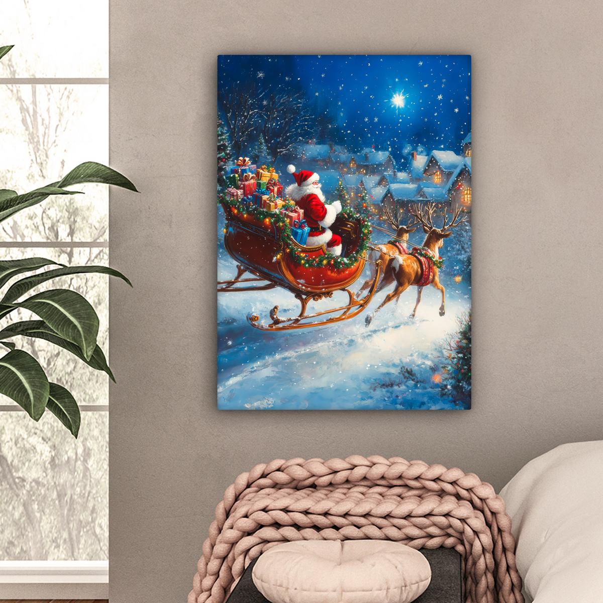 LEINWANDBILD Weihnachtsmann - Rentier - Weihnachten - Schnee Wandbild Wohnzimmer 60x80 cm - Cognac, Textil (60/80cm) - MuchoWow