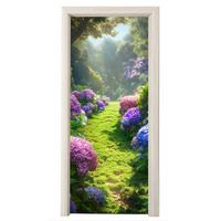 TÜRAUFKLEBER Natur - Hortensie - Blumen - Grün Deko Wohnzimmer 95x235 cm - Türtapete - Hellgrün, Kunststoff (95/0.1cm) - MuchoWow
