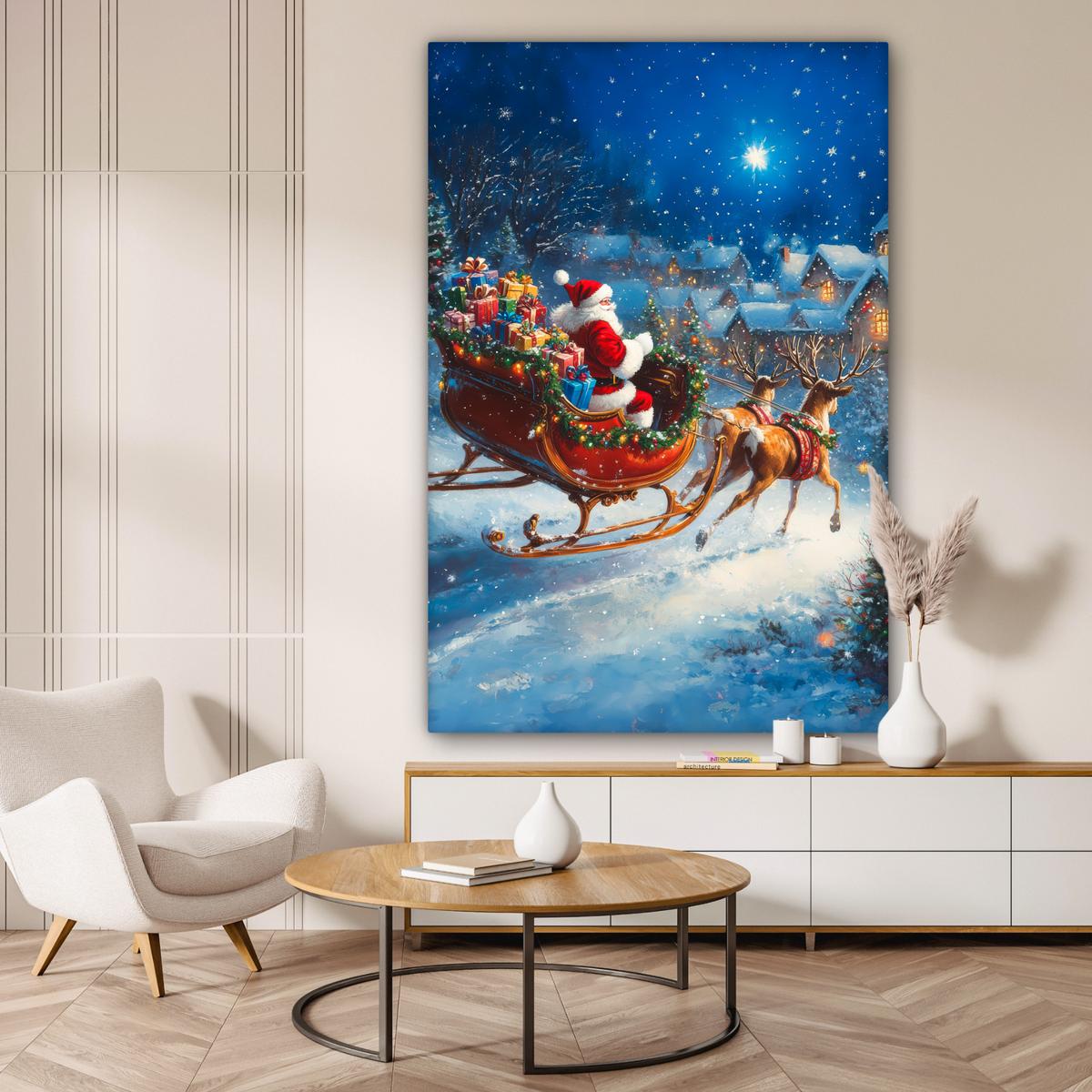 LEINWANDBILD Weihnachtsmann - Rentier - Weihnachten - Schnee Deko Groß 90x140 cm - Cognac, Textil (90/140cm) - MuchoWow