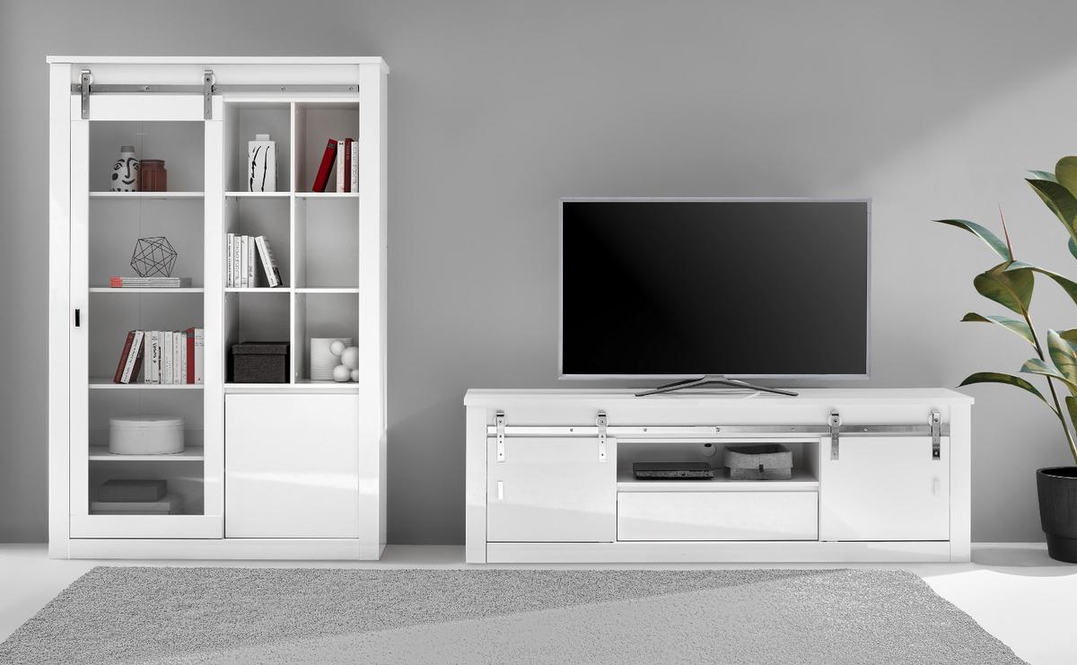 WOHNWAND weiß Hochglanz 2-teilig 349 x 201 cm, Wohnkombination mit Soft-Close - Chromfarben/Weiß Hochglanz, Glas/Holzwerkstoff (349/201/43cm) - Furn.Design