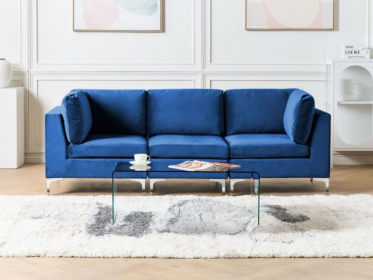 3-SITZER-MODULSOFA Samtstoff marineblau mit Metallbeinen Evja - Blau, Textil (235/84/85cm) - Beliani