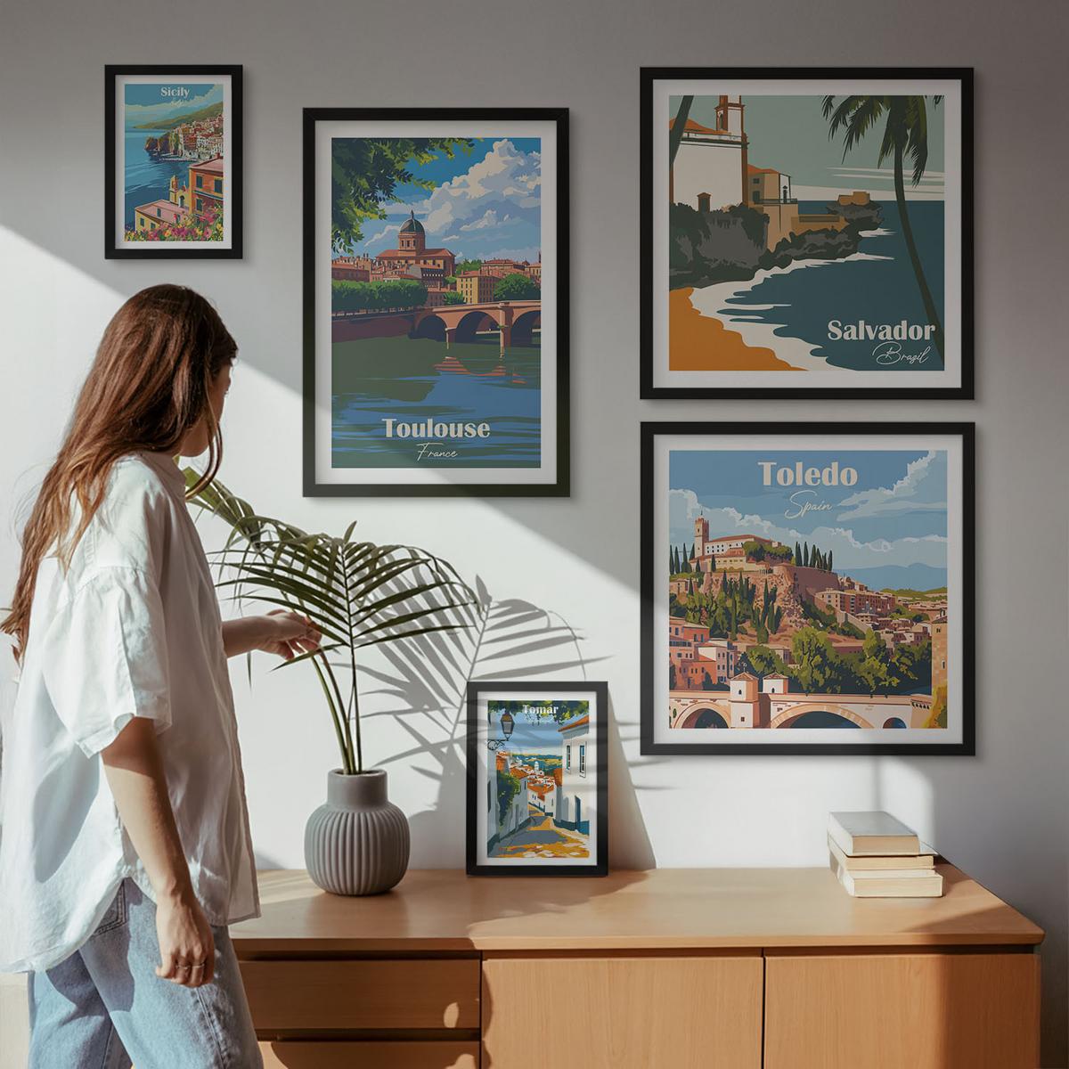 BILDER SET 5er Set - 50x50 cm & 20x30 cm & 40x60 cm Schwarzer Rahmen - Illustrationen zur Retro-Architektur der Berge - Schwarz, Kunststoff (40/60cm) - TULUP