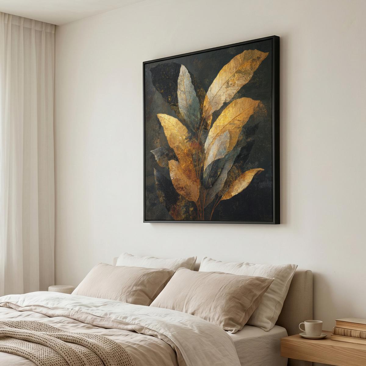 LEINWAND Bilder mit Rahmen - Golden Leaf Komposition - Botanical Luxury - 90x90 - Goldfarben, Textil (90/90cm) - MuchoWow
