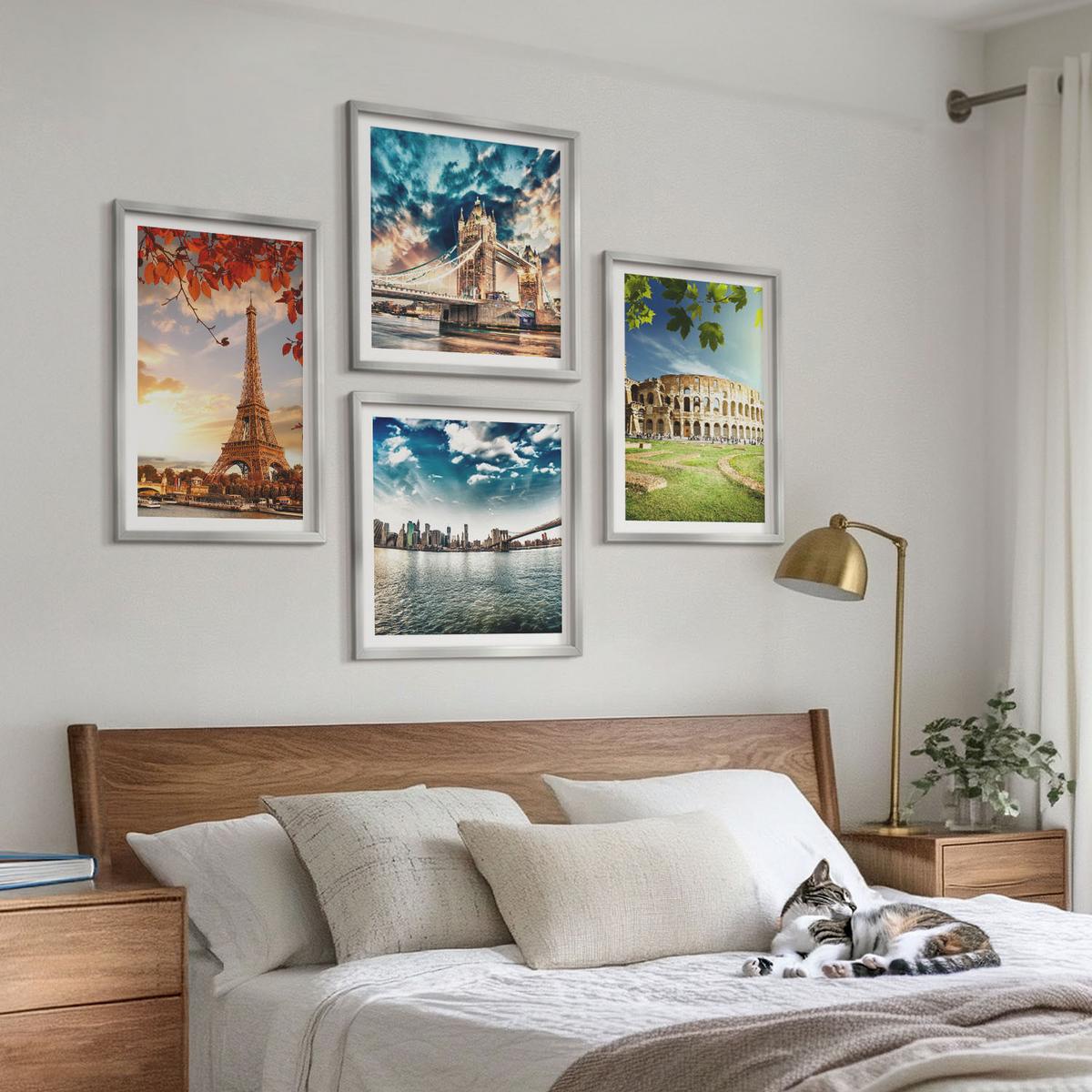 BILDER SET 4er Set - 50x50 cm & 40x60 cm Silberner Rahmen - Denkmäler Europas in warmen Farben - Silberfarben, Kunststoff (50/50cm) - TULUP