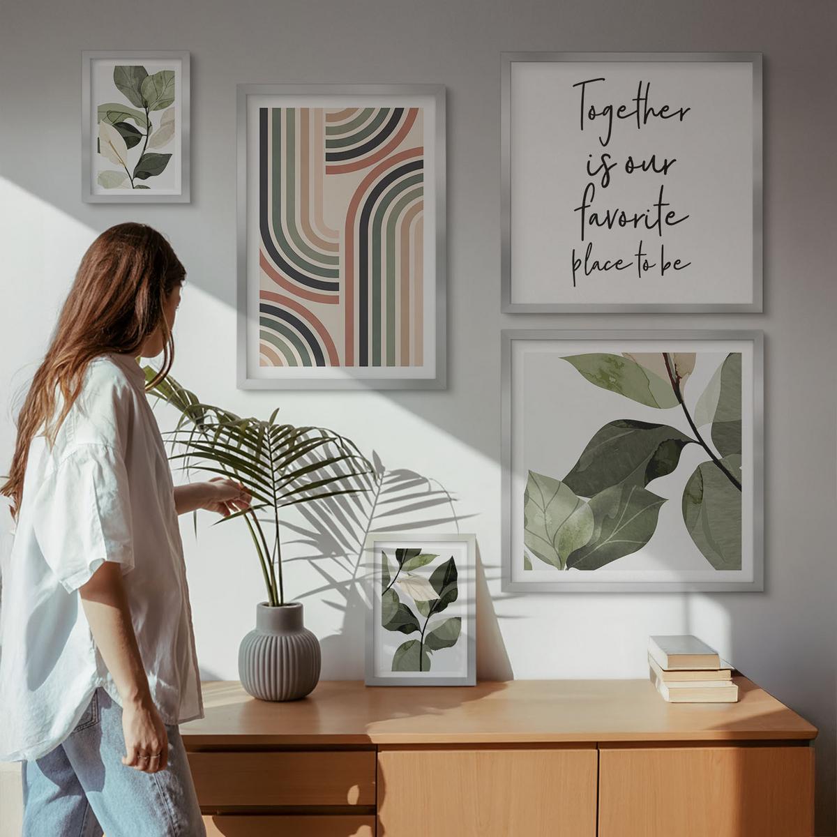 BILDER SET 5er Set - 50x50 cm & 20x30 cm & 40x60 cm Silberner Rahmen - Geometrische Pflanzenmotive - Silberfarben, Kunststoff (40/60cm) - TULUP