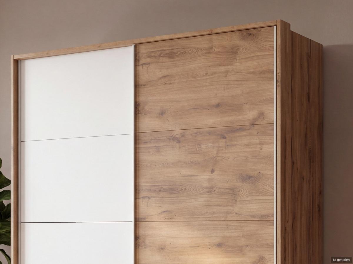 SCHWEBETÜRENSCHRANK 2-türig B183/H200/T65 cm, Passepartout-Kleiderschrank mit sichtbaren Schubkästen in Eiche Dekor, 1x Tür in Weiß / 22698 - Eichefarben/Alufarben, Holz/Holzwerkstoff (183/200/65cm) - luma-home