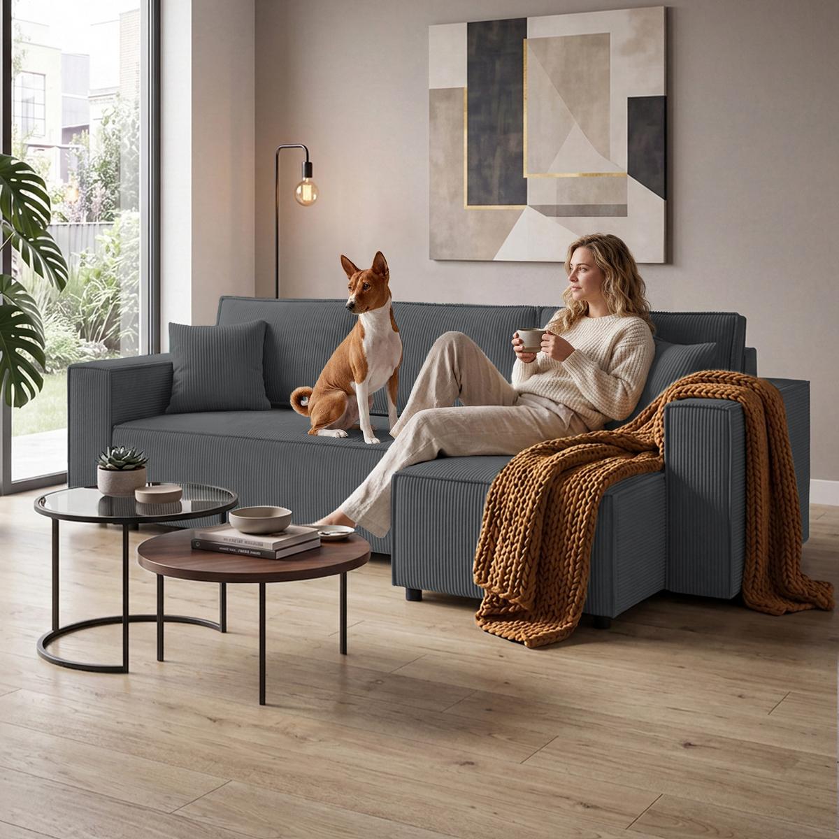ECKSCHLAFSOFA Neapol mit Bettkasten, 255 cm, Cord-Stoff, Dunkelgrau - Dunkelgrau/Schwarz, Textil (256/148cm) - Beautysofa