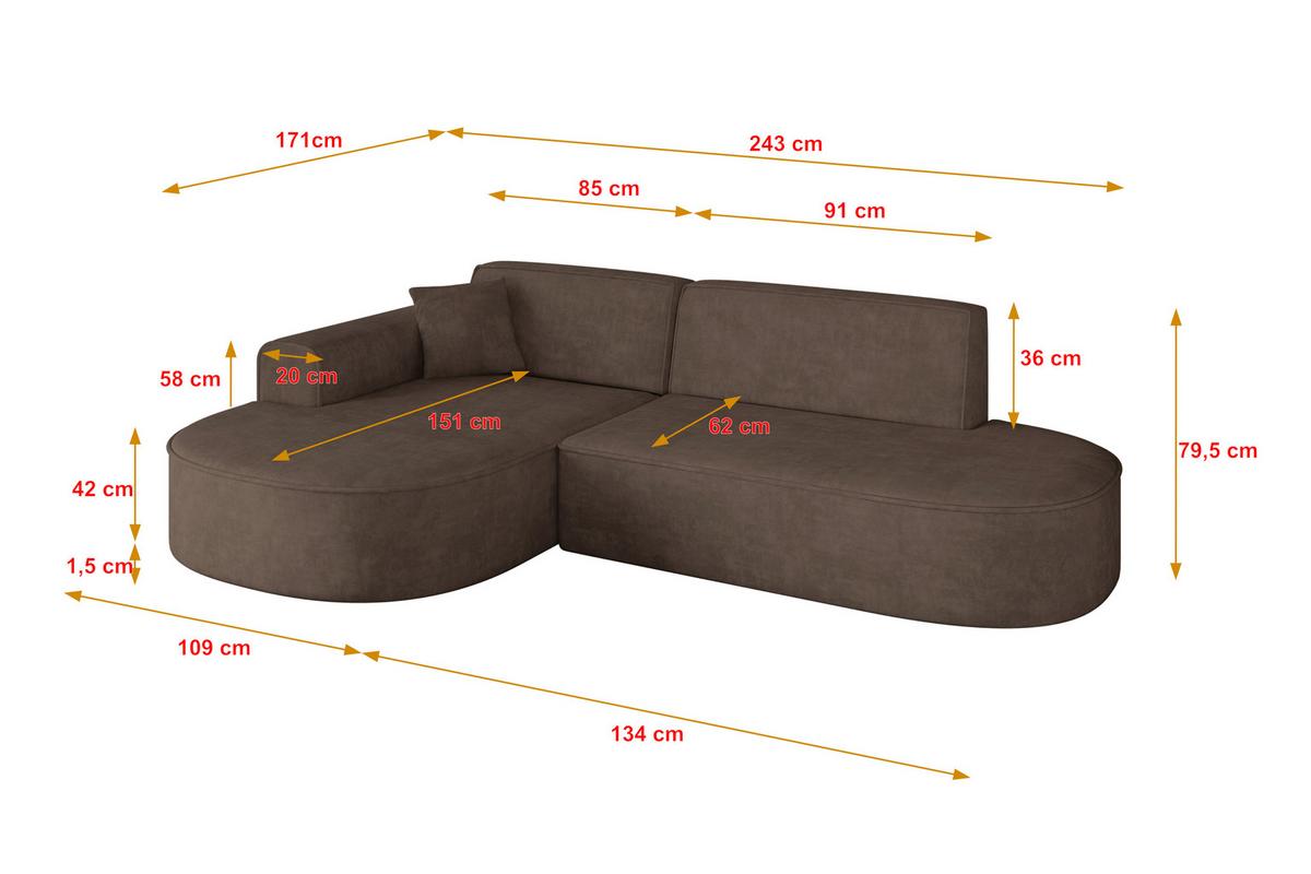 ECKSOFA Ottomane Links MARI-L1 - 243x171x79 cm Braun Velours - Schwarz/Braun, Holzwerkstoff/Kunststoff (243/171cm) - ALTDECOR