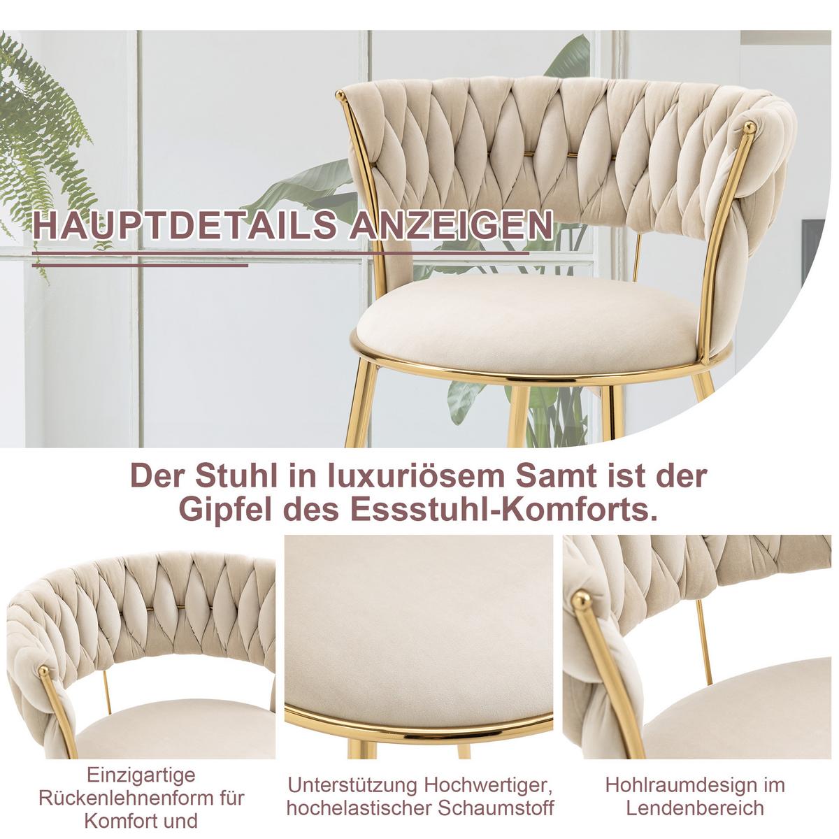 ESSZIMMERSTUHL 2er Set Samt Ivory & Gold mit geflochtener Rückenlehne - Magnolie, Textil (57/70/43cm) - Urban Meuble