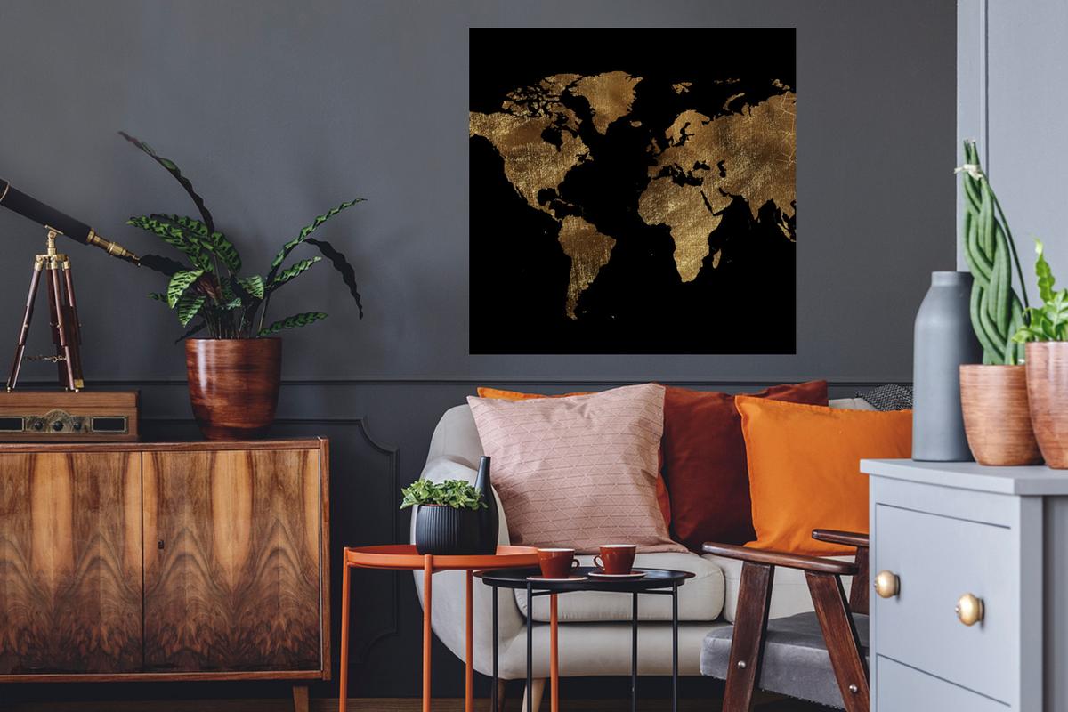 WANDTATTOO Weltkarte - Gold - Luxus - Erde - Schwarz Wanddeko 50x50 cm - Goldfarben, Kunststoff (50/50/0.1cm) - MuchoWow