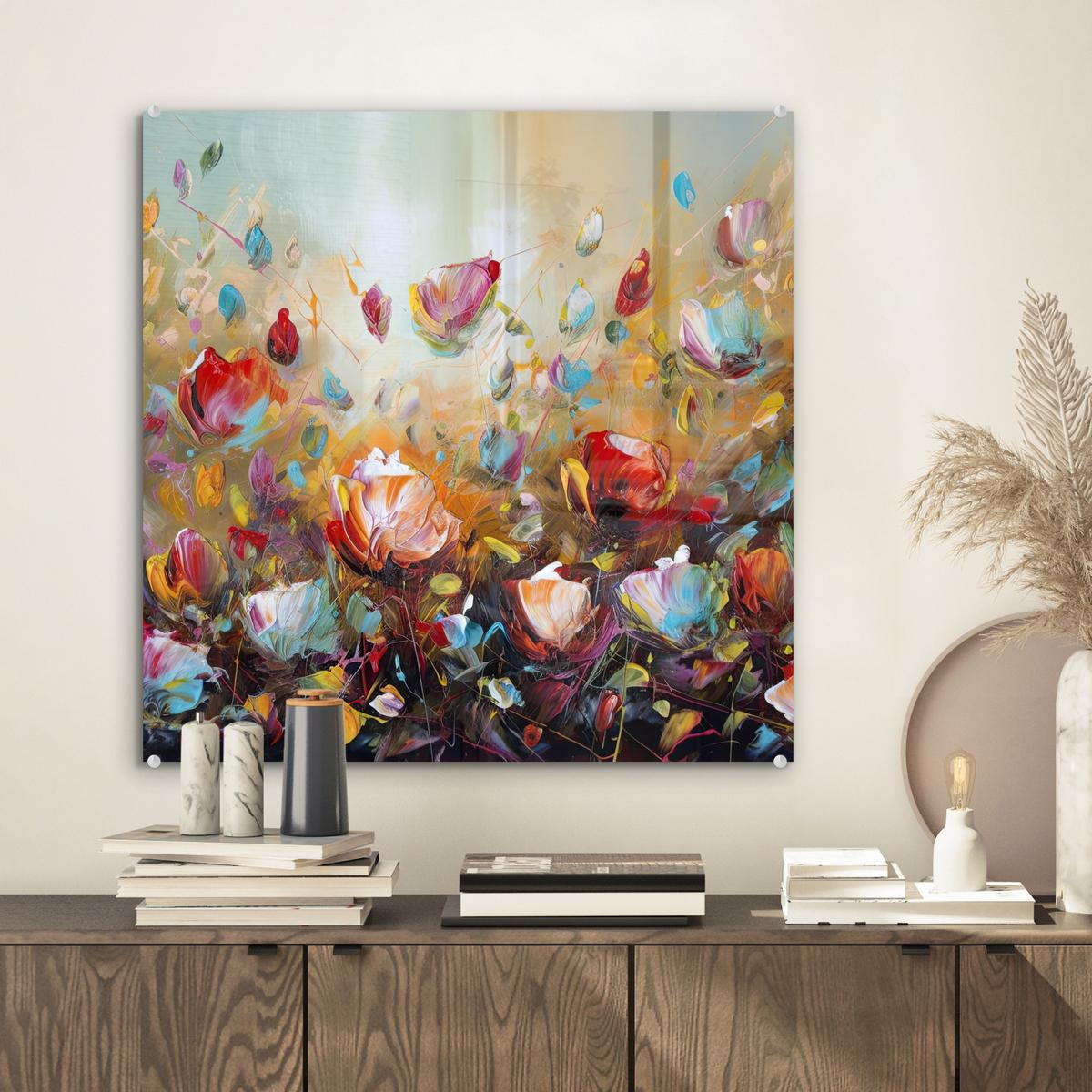 ACRYLGLASBILD Blumen - Kunst - Natur - Ölgemälde 50x50 cm - Multicolor, Glas (50/50cm) - MuchoWow