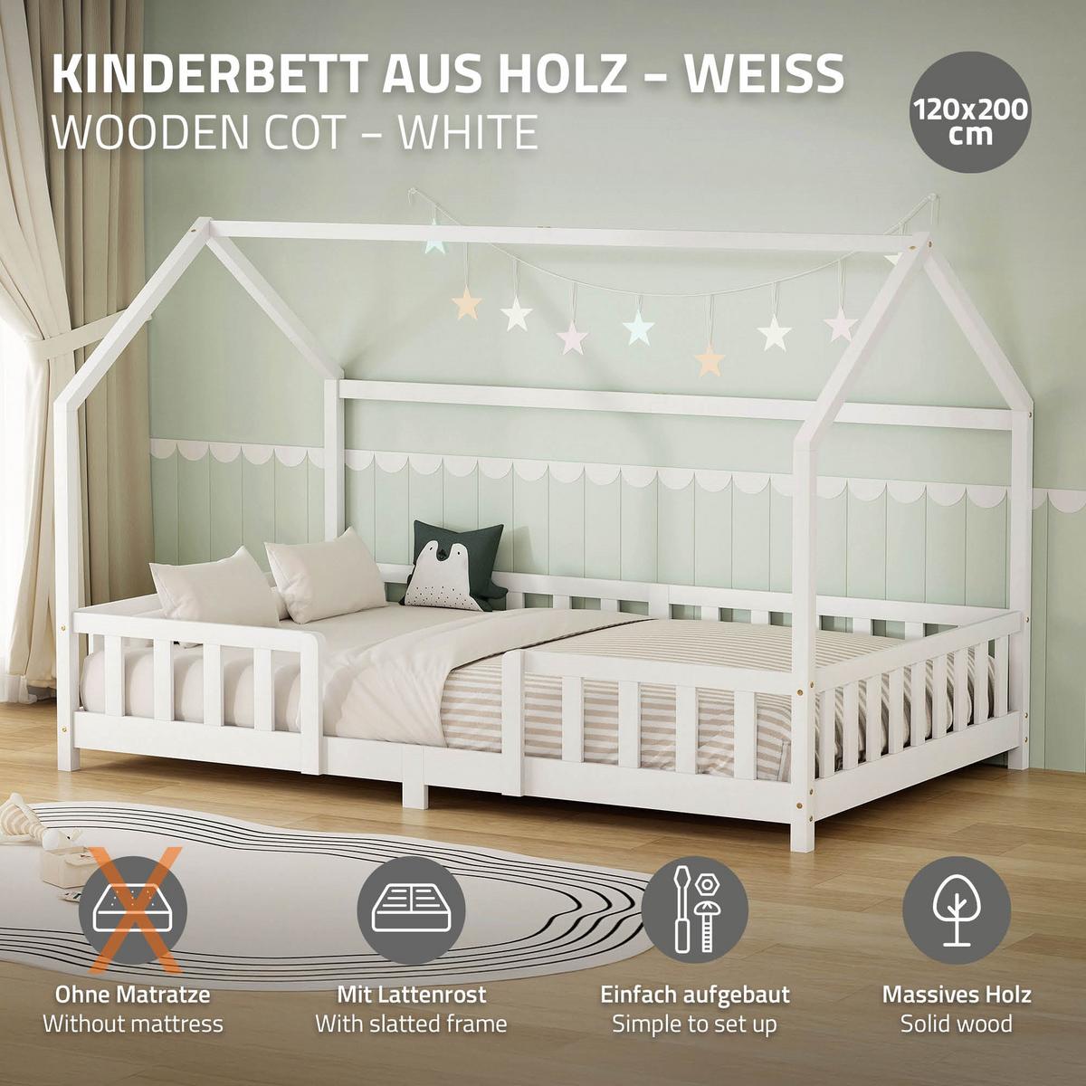 KINDERBETT 120x200 cm mit Rausfallschutz Weiß aus Kiefernholz - Weiß, Holz (120/200cm) - ML-DESIGN