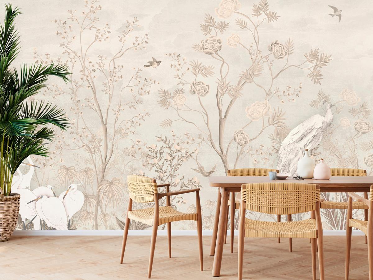 FOTOTAPETE für Esszimmer Weiße Vögel Bäumen Natur Kräne Blumen 200x140 - Beige, Papier (200/140cm) - Muralo