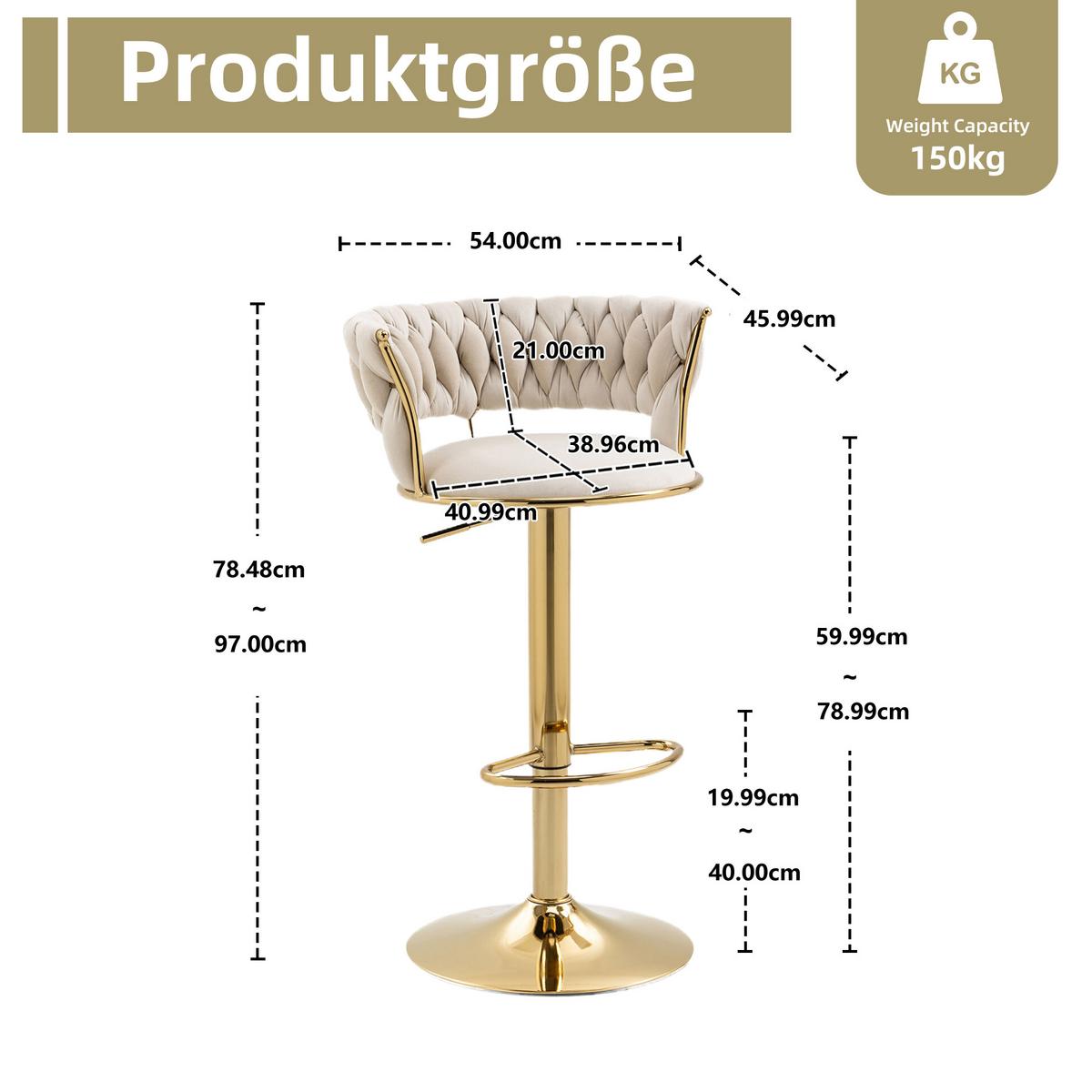 BARHOCKER samt höhenverstellbar 2er set goldfuß - Creme, Textil (54/78/46cm) - Urban Meuble