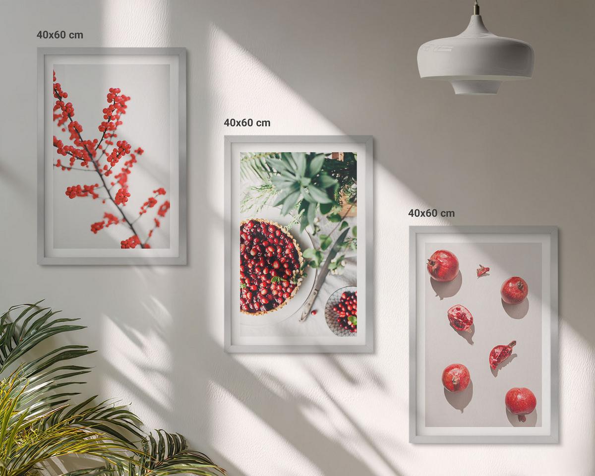 BILDER SET 3er Set - 40x60 cm Silberner Rahmen - Minimalismus der roten Früchte von Pflanzen - Silberfarben, Kunststoff (40/60cm) - TULUP