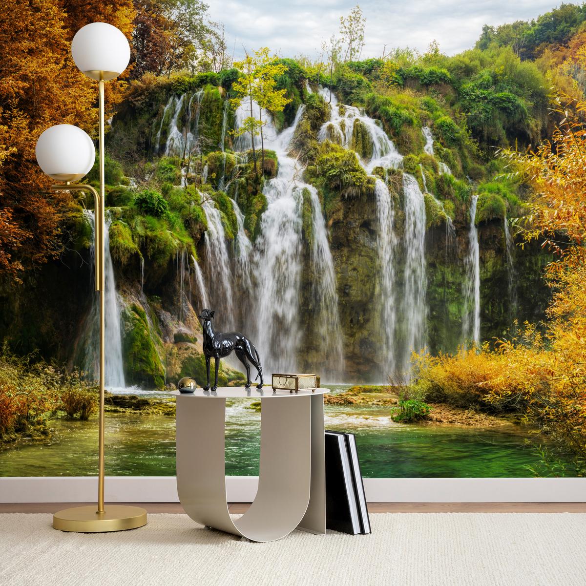 FOTOTAPETE für Esszimmer Exotischer Wasserfall Herbstbaum 450x315 - Gelb/Beige, Papier (450/315cm) - Muralo