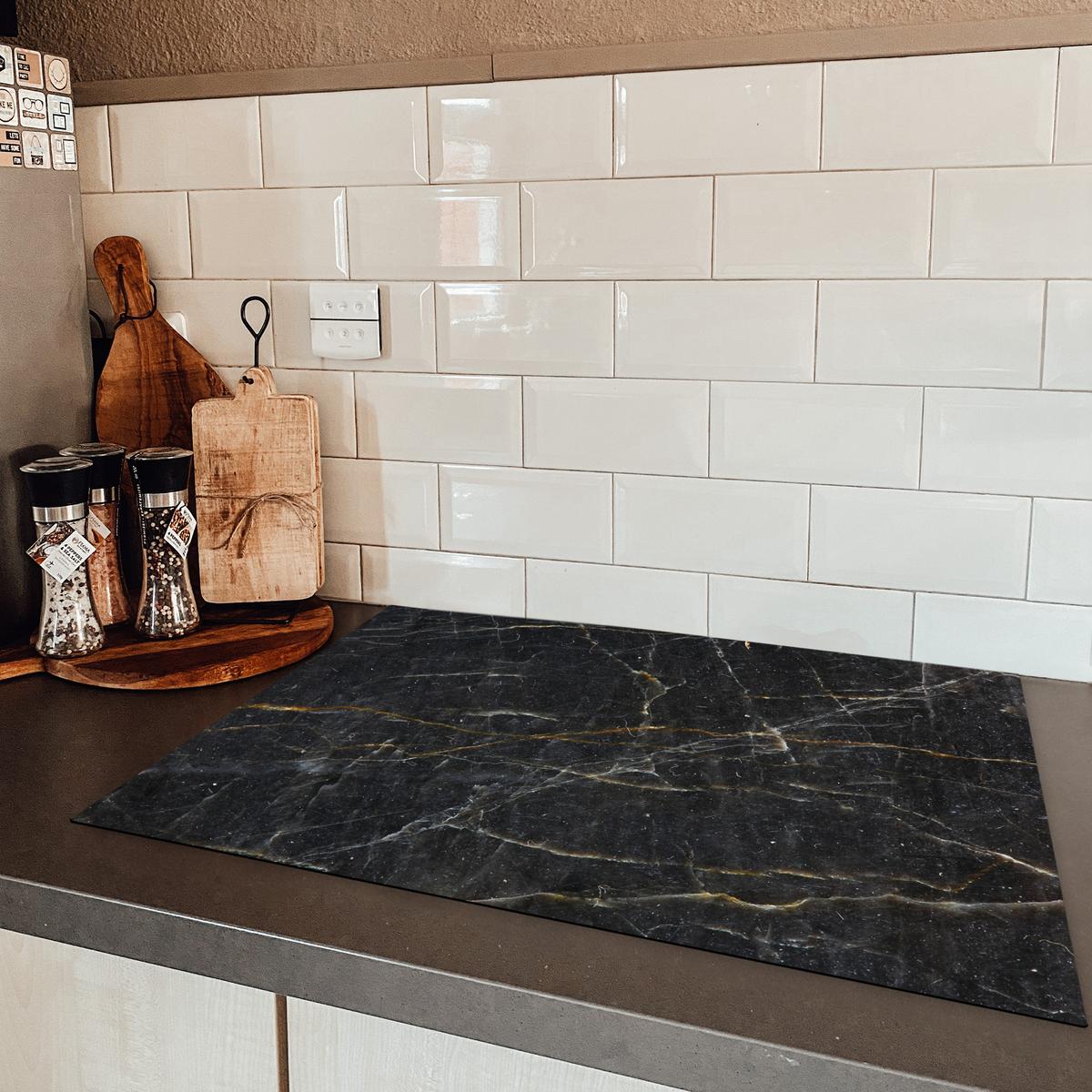 HERDABDECKPLATTE Marmor - Schwarz - Gold - Grau - Marmorstruktur Herdabdeckung Induktionsfeld 75x52 cm - Goldfarben, Kunststoff (75/52/0.2cm) - MuchoWow