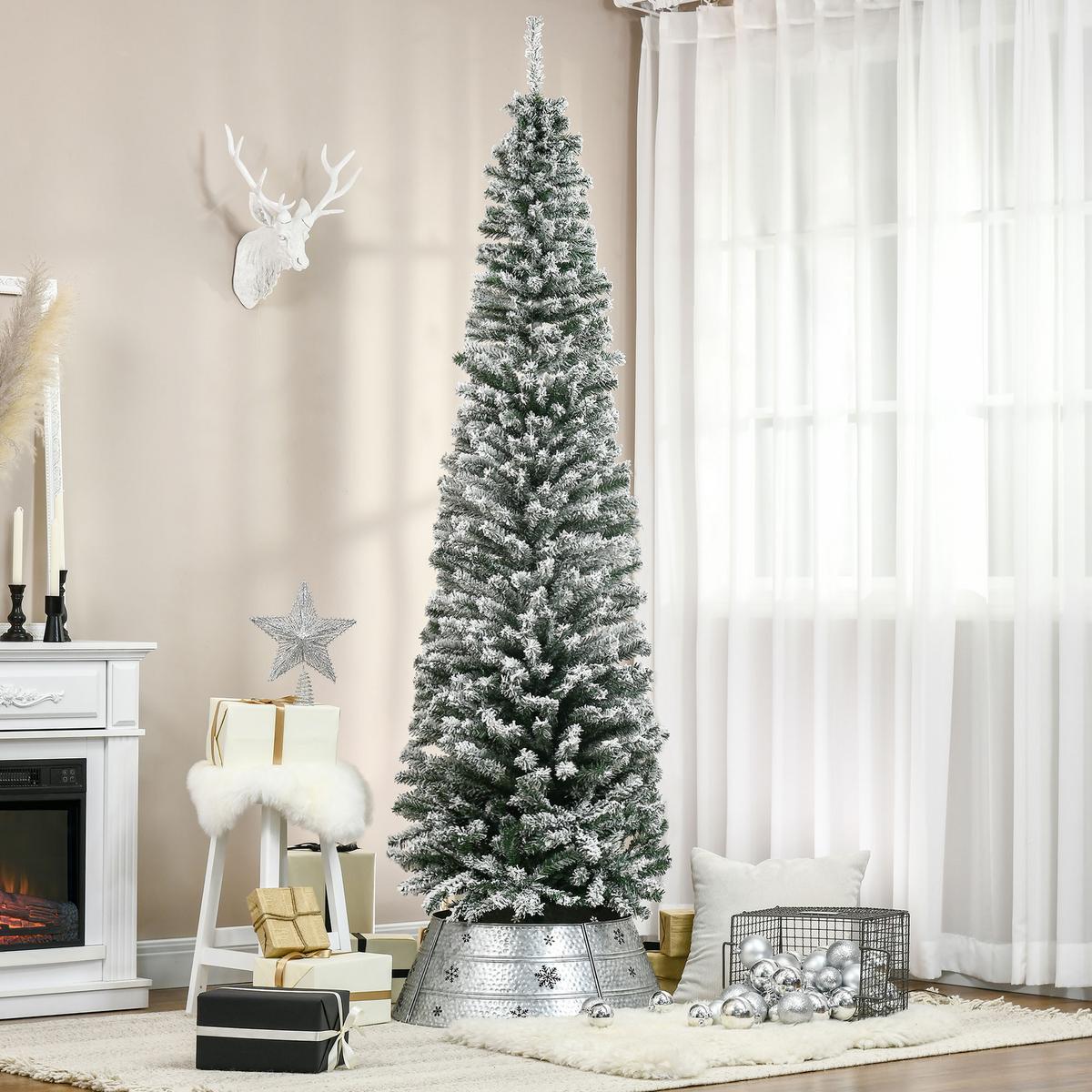 KÜNSTLICHER-WEIHNACHTSBAUM, 225 cm Bleistift Kiefernbaum mit Schnee 738 Spitzen - Grün, Kunststoff (225cm) - HOMCOM