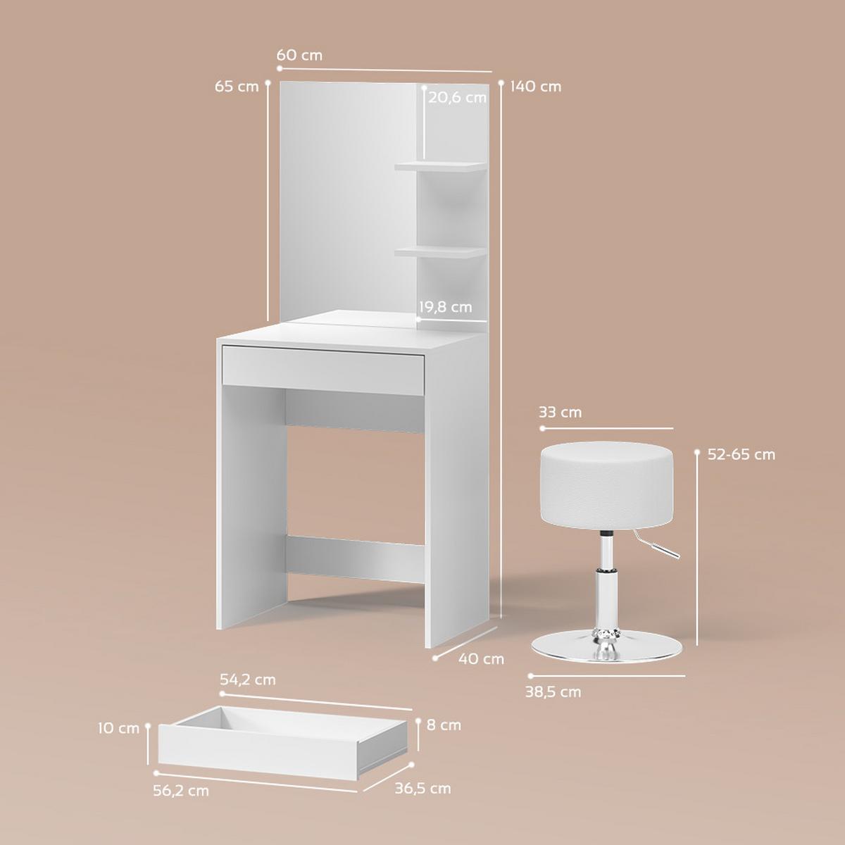 SCHMINKTISCH Nola Weiß 60 cm mit Hocker - Weiß, Holzwerkstoff (60/140/40cm) - Livinity®