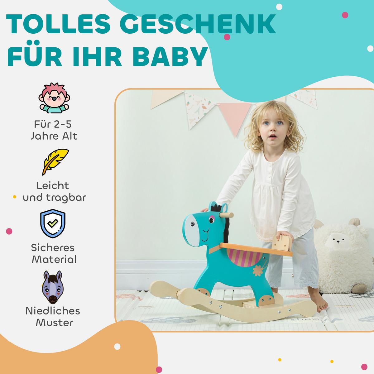 SCHAUKELPFERD Holz, Kinder Schaukeltier Esel mit Haltegriffen Schaukel Blaugrün - Dunkelgrün, Holzwerkstoff (27/44/59cm) - AIYAPLAY