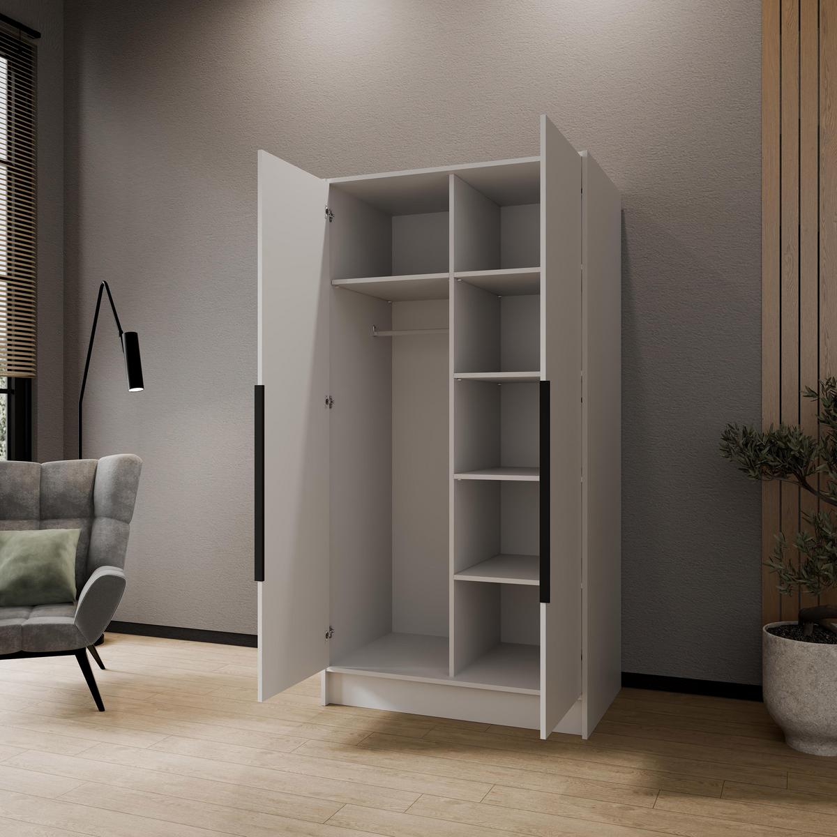 DREHTÜRENSCHRANK Laro mit Spiegel, Weiß mit mit schwarzen Griffen, 100 cm - Weiß, Holzwerkstoff (100/200/51cm) - Beautysofa