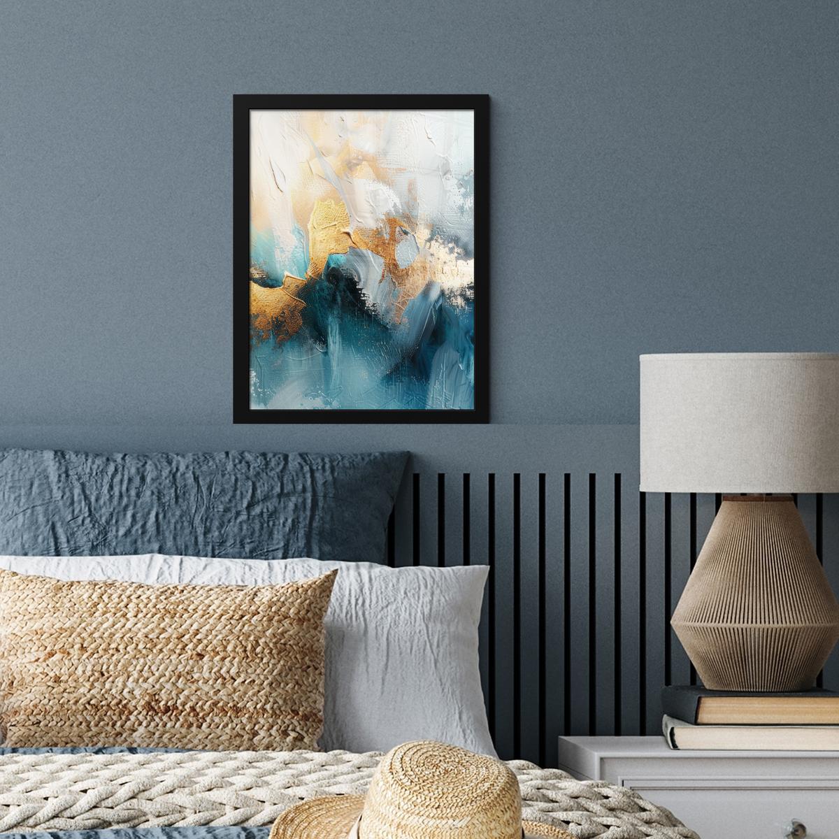 POSTER MIT RAHMEN Abstrakt - Kunst - Gold - Blau Bilderrahmen 30x40 cm - Petrol, Papier (30/40cm) - MuchoWow