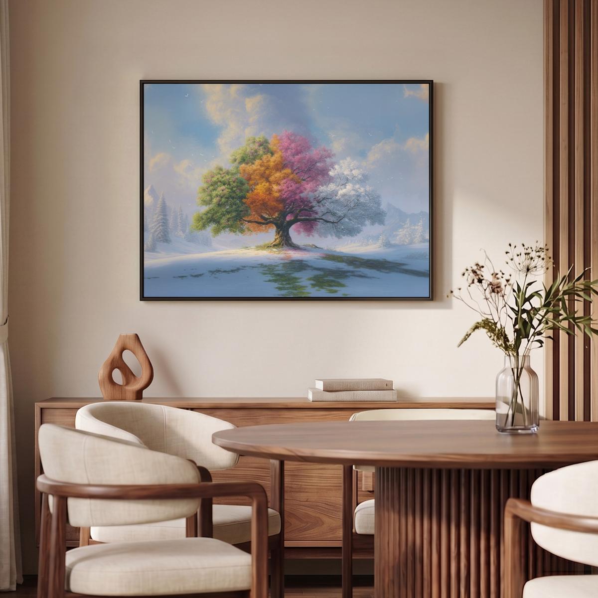 LEINWAND Bilder mit Rahmen - Baum - Jahreszeiten - Winter - Landschaft - 100x70 - Multicolor, Textil (100/70cm) - MuchoWow