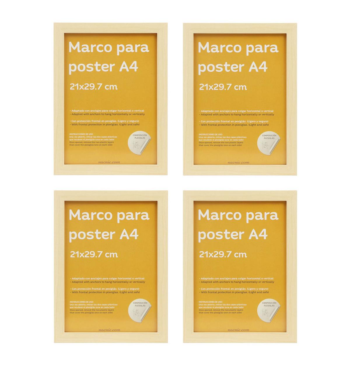 RAHMEN Set mit 4 aus MDF und Acrylglas Schutz und Aussteller für Fotografien, Bilder, Poster, Gemälde, Dekoration für Haus Farbe Hellholz A4 - Beige, Holz (21/3cm) - Nacnic