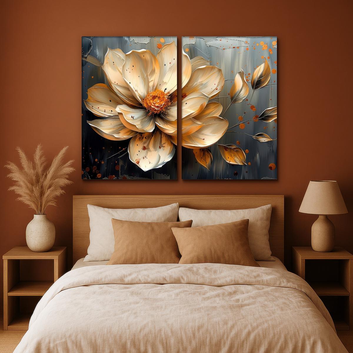 LEINWANDBILD 2er Set Blume - Gold - Abstrakt - Farbe 160x120 cm - Creme, Textil (160/120cm) - MuchoWow