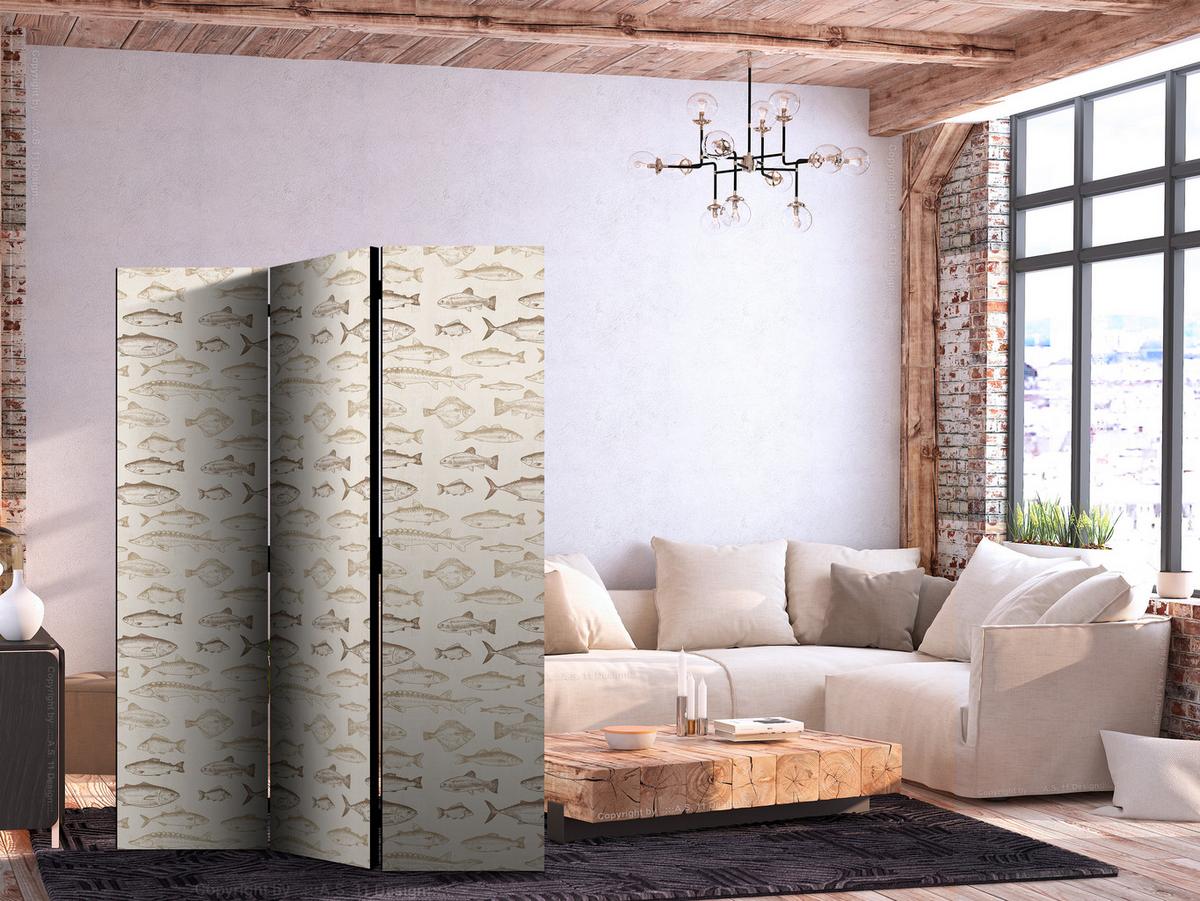 PARAVENT Beidseitig Bedruckter 3-tlg 135x172 cm Beige Fische Im Boho Stil - Beige, Holz/Textil (135/172/3cm) - Muralo