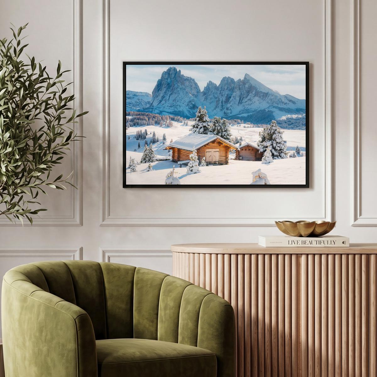 LEINWAND Bilder mit Rahmen - Winter - Hütte - Berge - Aussicht - Schnee - 60x40 - Eichefarben, Textil (60/40cm) - MuchoWow