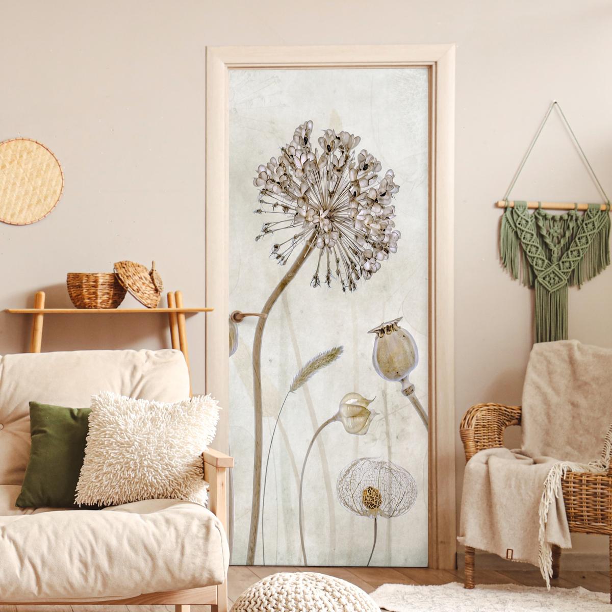 TÜRAUFKLEBER Blumen - Aquarell - Stilleben - Braun - Vintage 90x215 cm - Türtapete - Ecru, Kunststoff (90/0.1cm) - MuchoWow