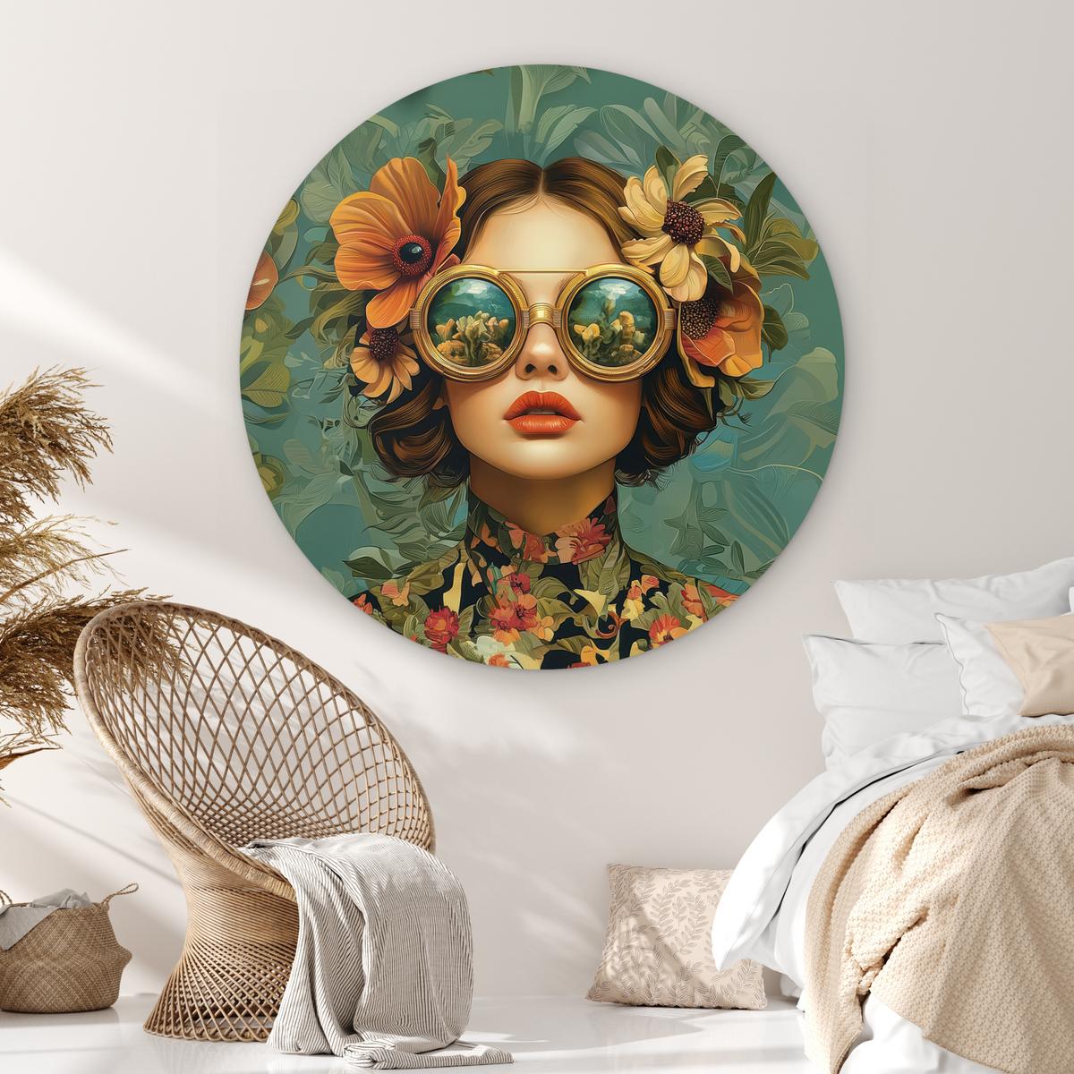 WANDBILD Frau - Blumen - Schmetterlinge - Natur - Vintage Deko Groß 150x150 cm - Petrol, Kunststoff (150/150cm) - MuchoWow