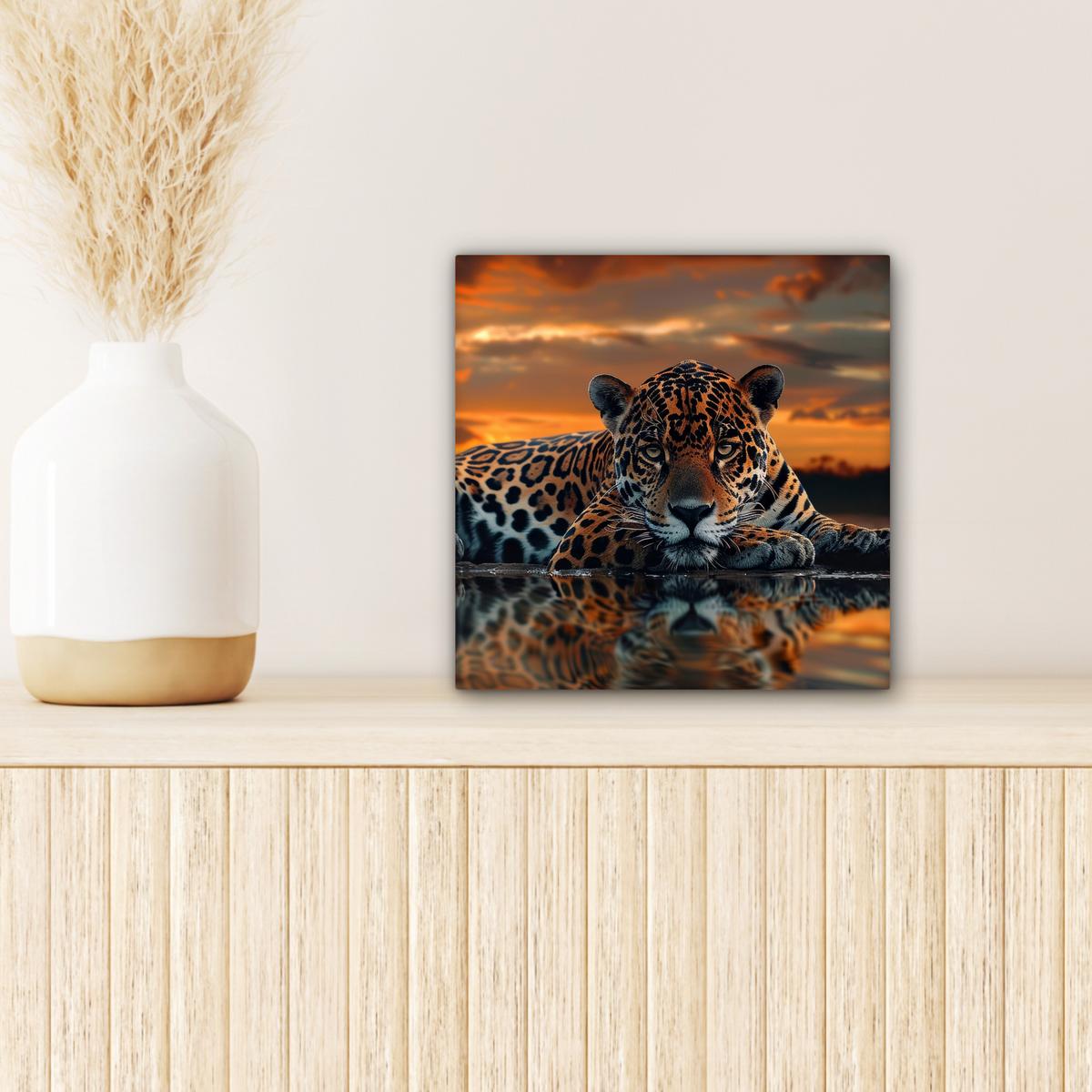 LEINWANDBILD Natur - Leopard - Tier - Sonnenuntergang - Modern Deko Wohnzimmer 20x20 cm - Orange, Textil (20/20cm) - MuchoWow