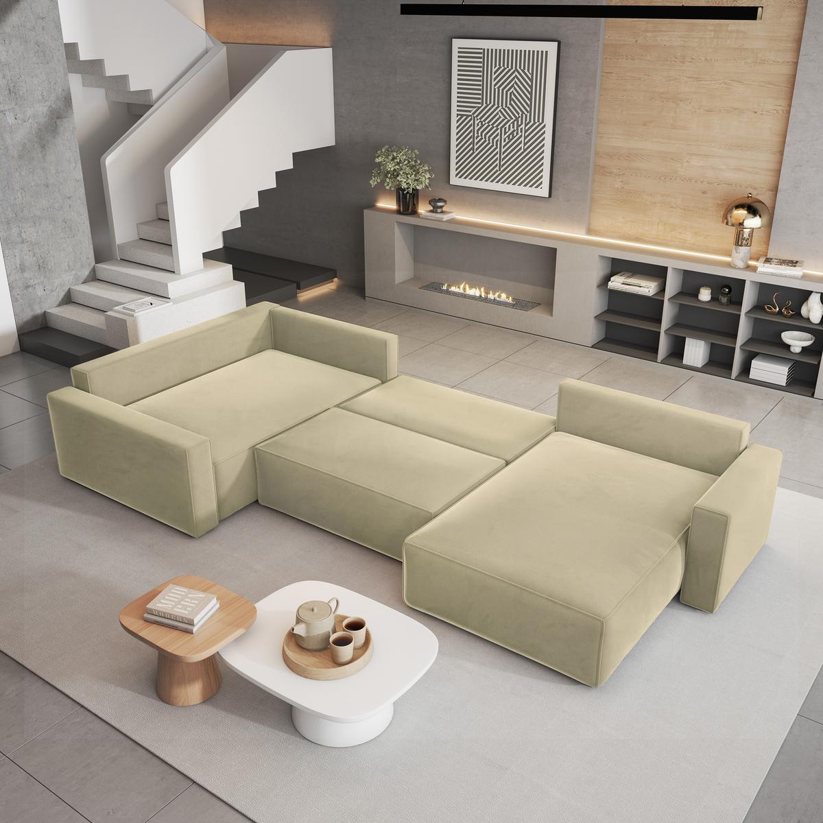 WOHNLANDSCHAFT VELAMI L-S Creme Velours-Stoff mit Schlaffunktion - Creme, Holz (365/83/194cm) - MASSENO