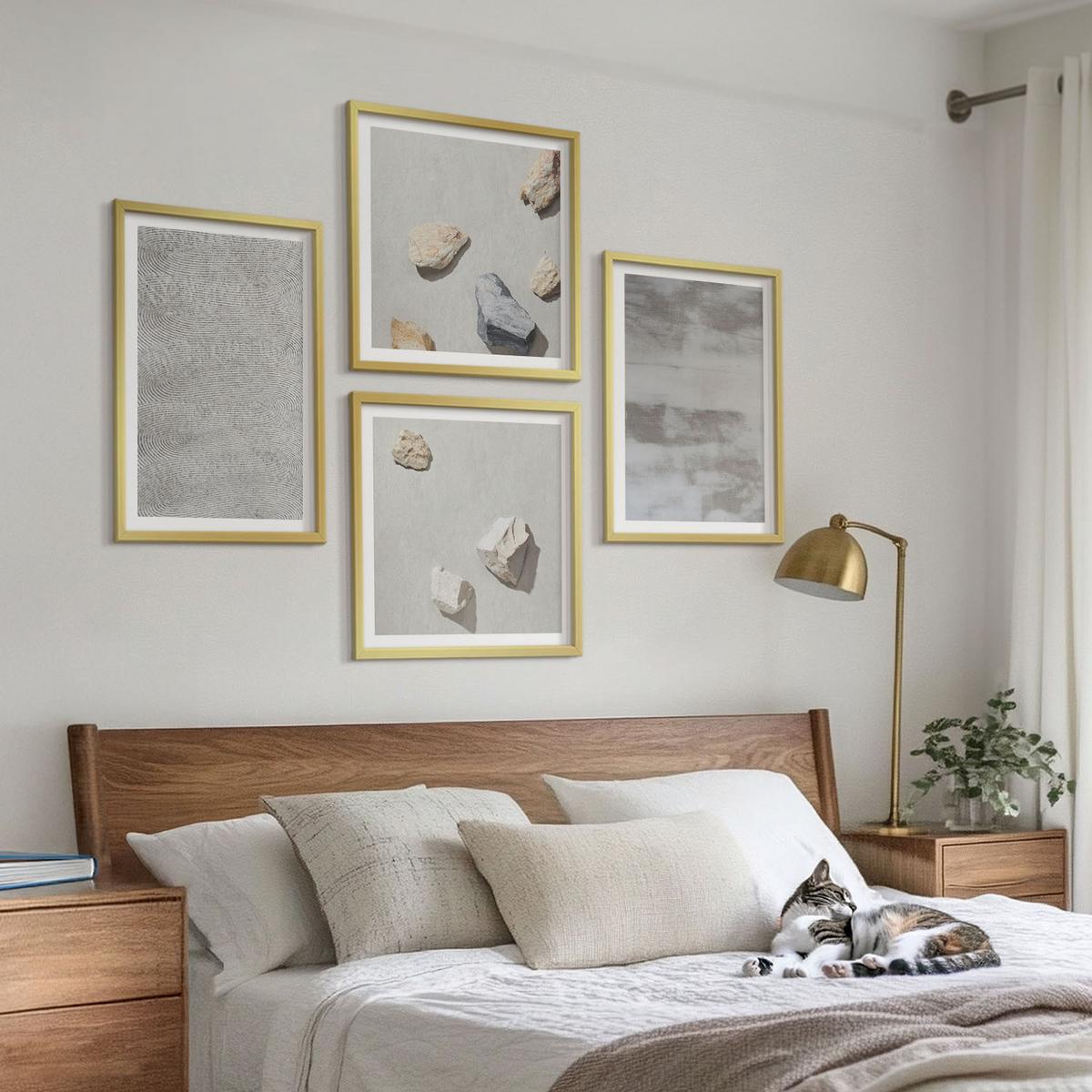 BILDER SET 4er Set - 50x50 cm & 40x60 cm Goldrahmen - Moderne minimalistische Texturen - Goldfarben, Kunststoff (50/50cm) - TULUP