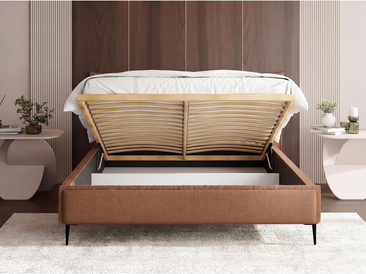 POLSTERBETT Pillow Rise mit Bettkasten, Lattenrost & hohen Metallfüßen in Orange Chenille 200x200 cm - Birkefarben/Schwarz, Holz/Holzwerkstoff (200/200cm) - WFL GROUP