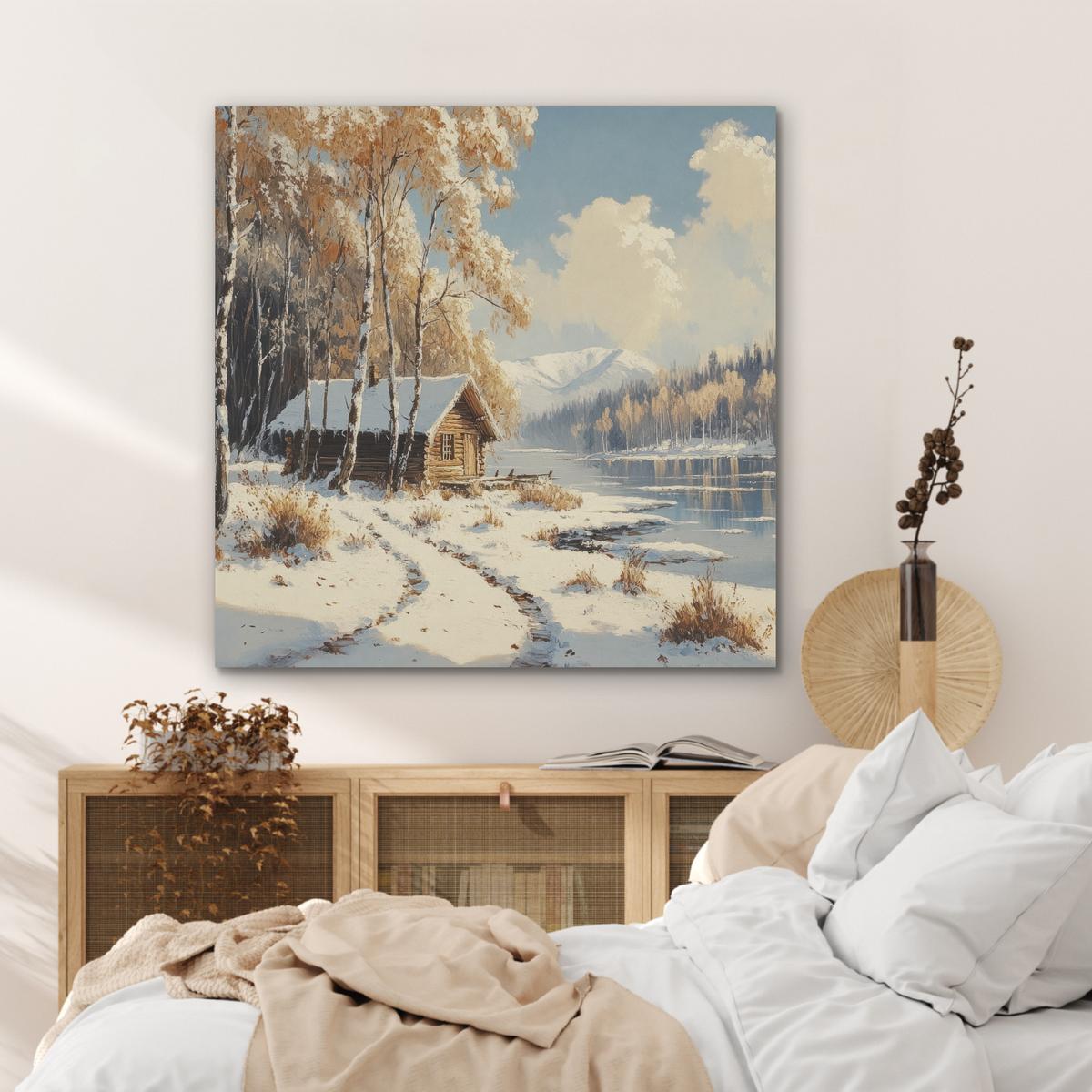 AKUSTIKBILD Winter - Schnee - Zuhause - Natur Akustikpaneele 90x90 cm - Hellbraun, Kunststoff (90/90/0.9cm) - MuchoWow