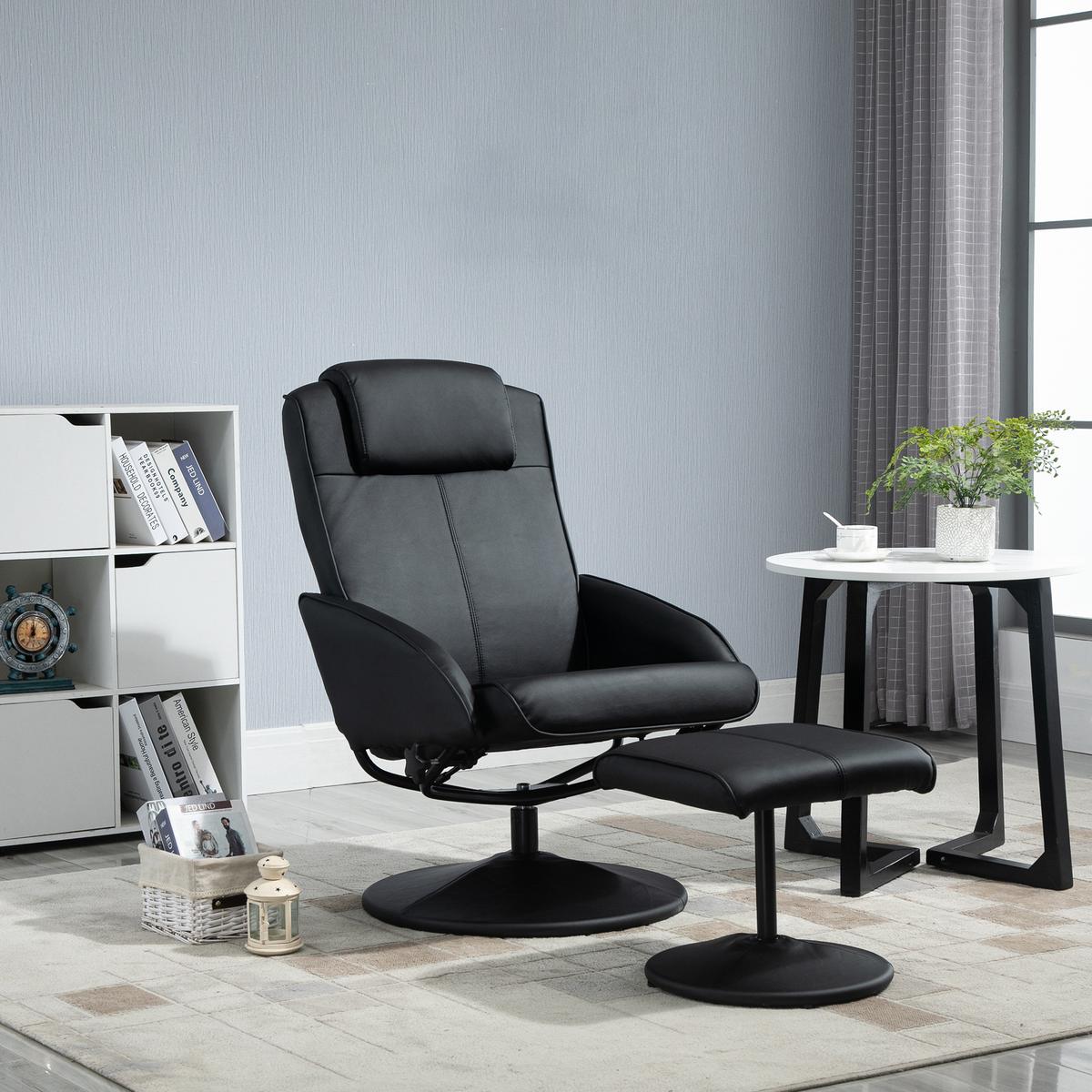 RELAXSESSEL Sessel Fernsehsessel mit Fußstütze Armsessel 360° drehbar Schwarz - Schwarz, Leder/Kunststoff (67/98/78cm) - HOMCOM
