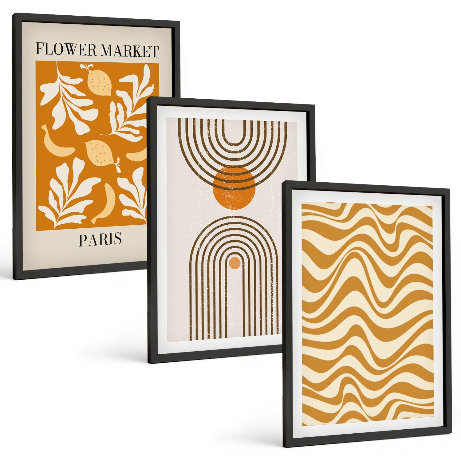 BILDER SET 3er Set - 40x60 cm Schwarzer Rahmen - Poster mit geometrischen Pflanzenmustern - Schwarz, Kunststoff (40/60cm) - TULUP