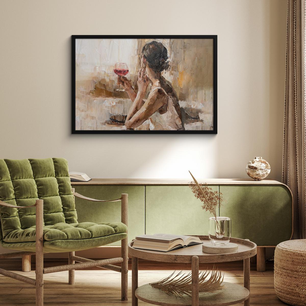 POSTER MIT RAHMENGERAHMTES BILD Ölgemälde - Frau - Wein 90x60 cm - Hellbraun, Papier (90/60cm) - MuchoWow