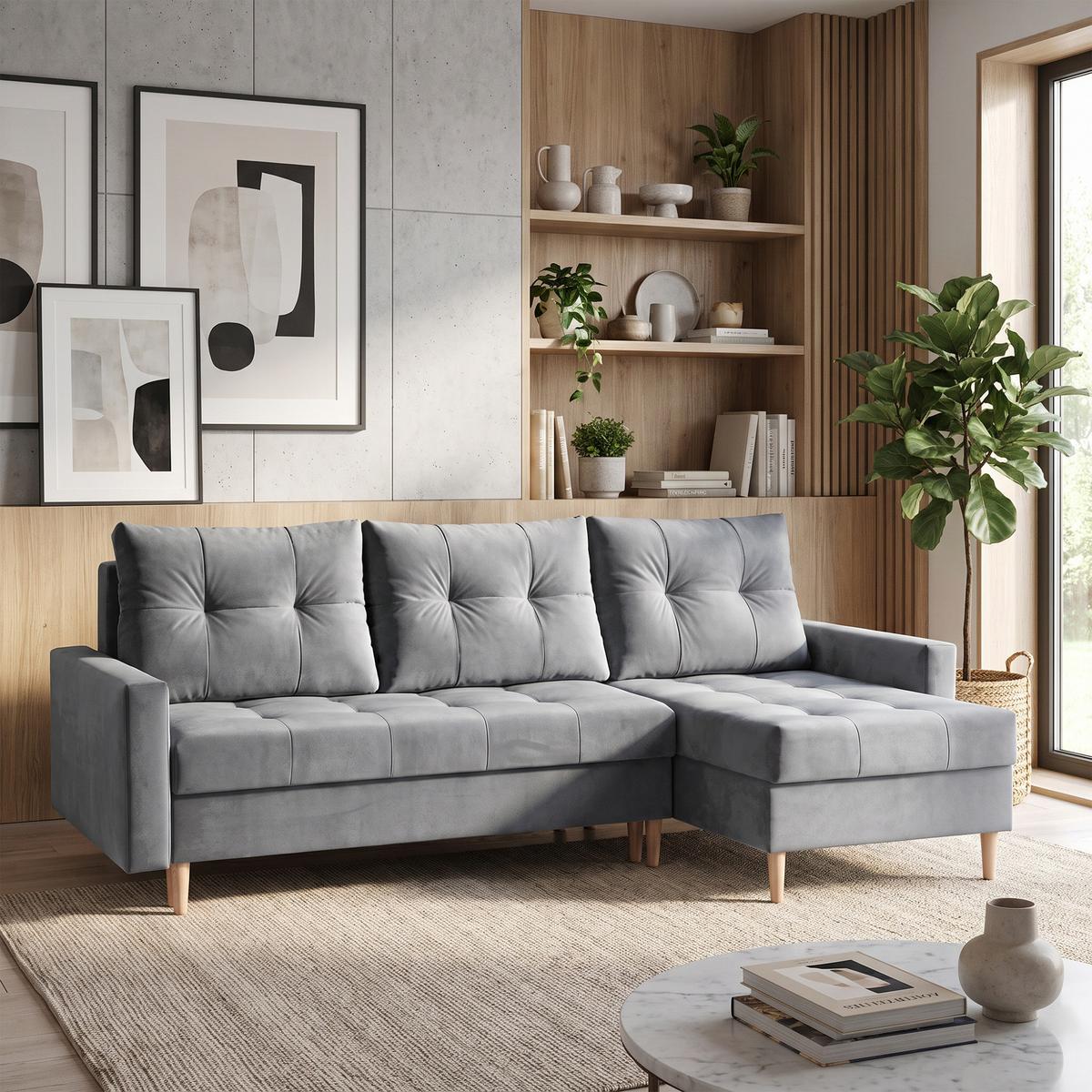 ECKSCHLAFSOFA Halant mit Bettkasten, universelle Ottomane, Veloursstoff, Hellgrau - Hellgrau, Textil (220/140cm) - Beautysofa
