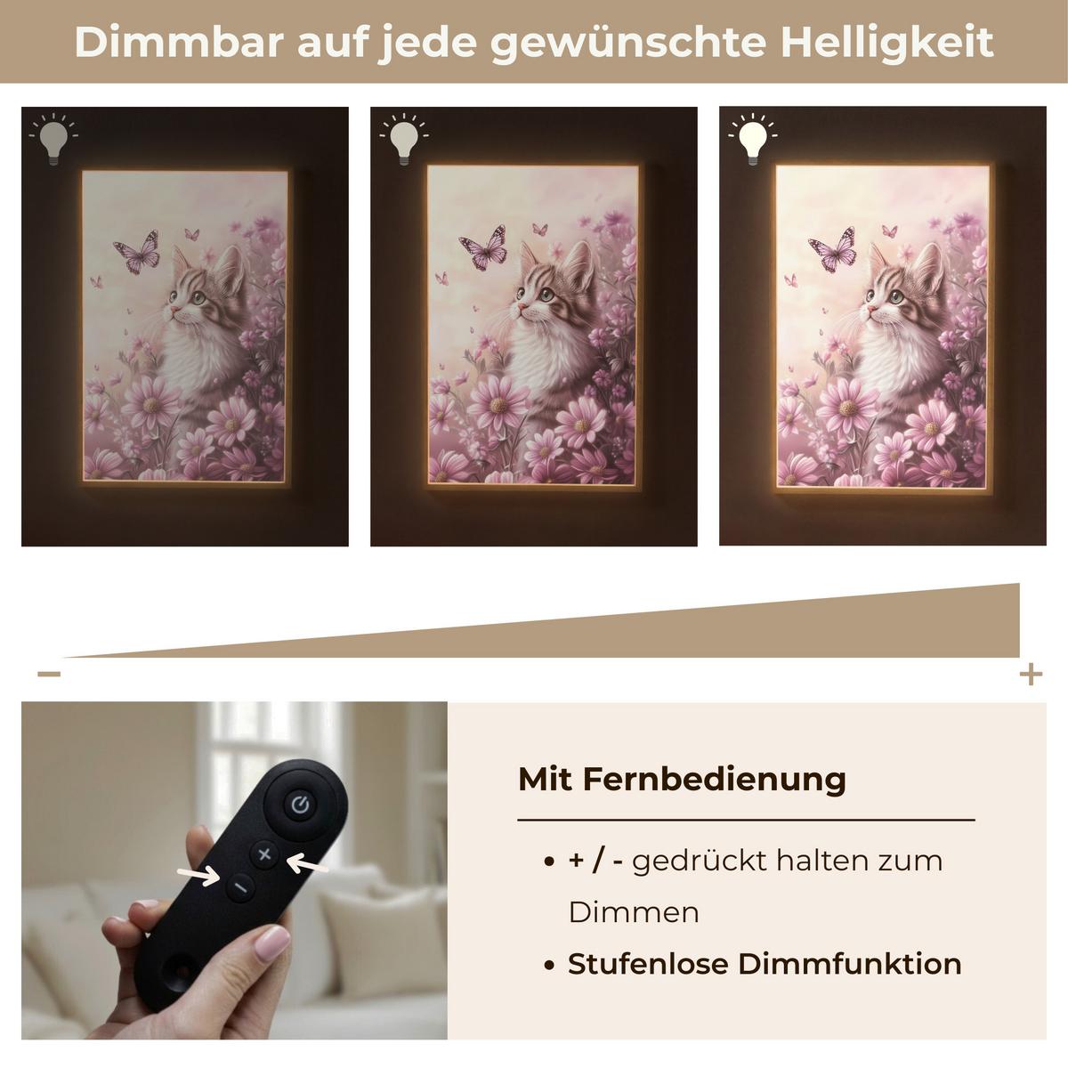 WANDLEUCHTE MIT AKKU Kätzchen - Blumen - Schmetterlinge - Lila 70x100 cm - Altrosa, Holzwerkstoff (70/100/8cm) - OnlyWow